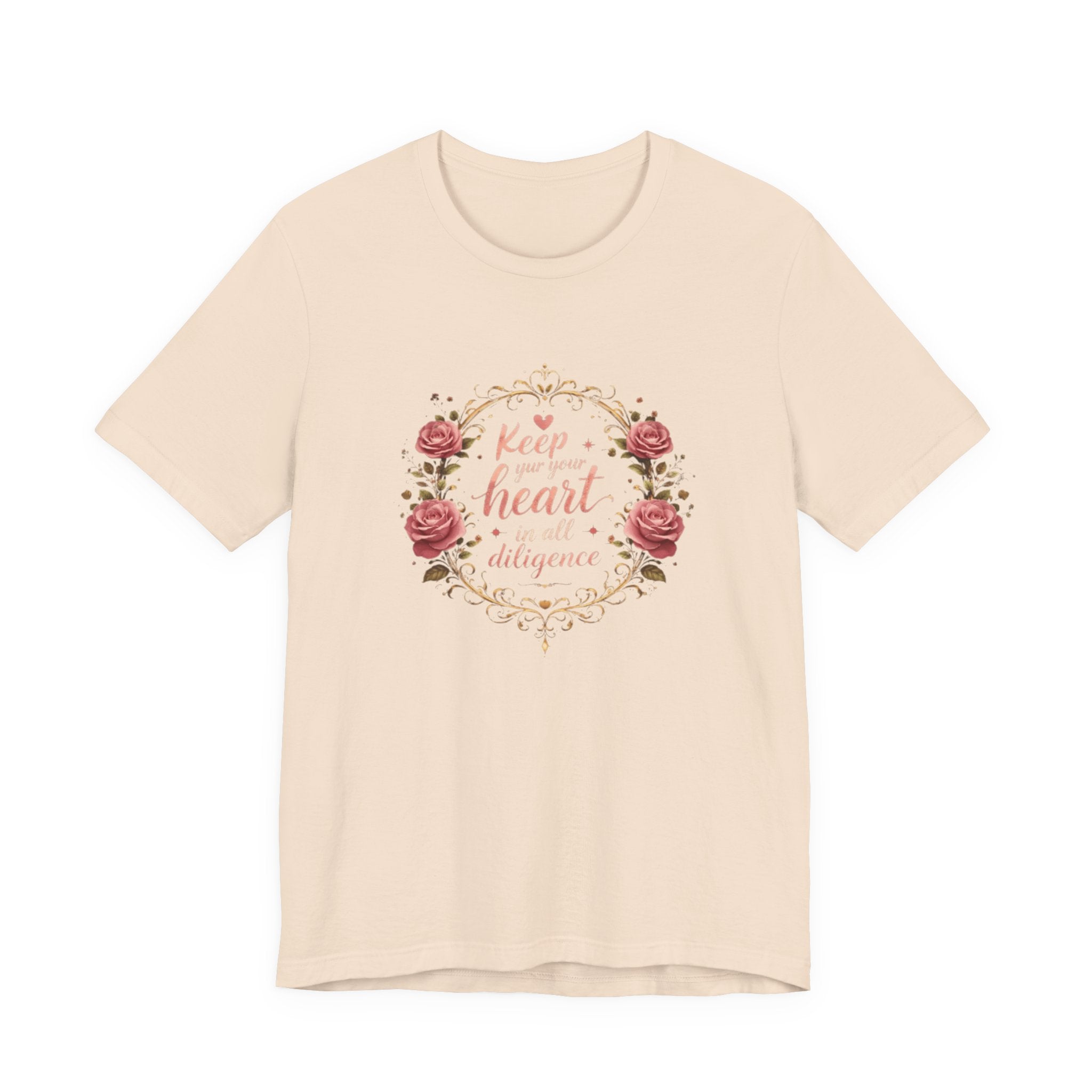Beige t-shirt with floral design and text on a white background