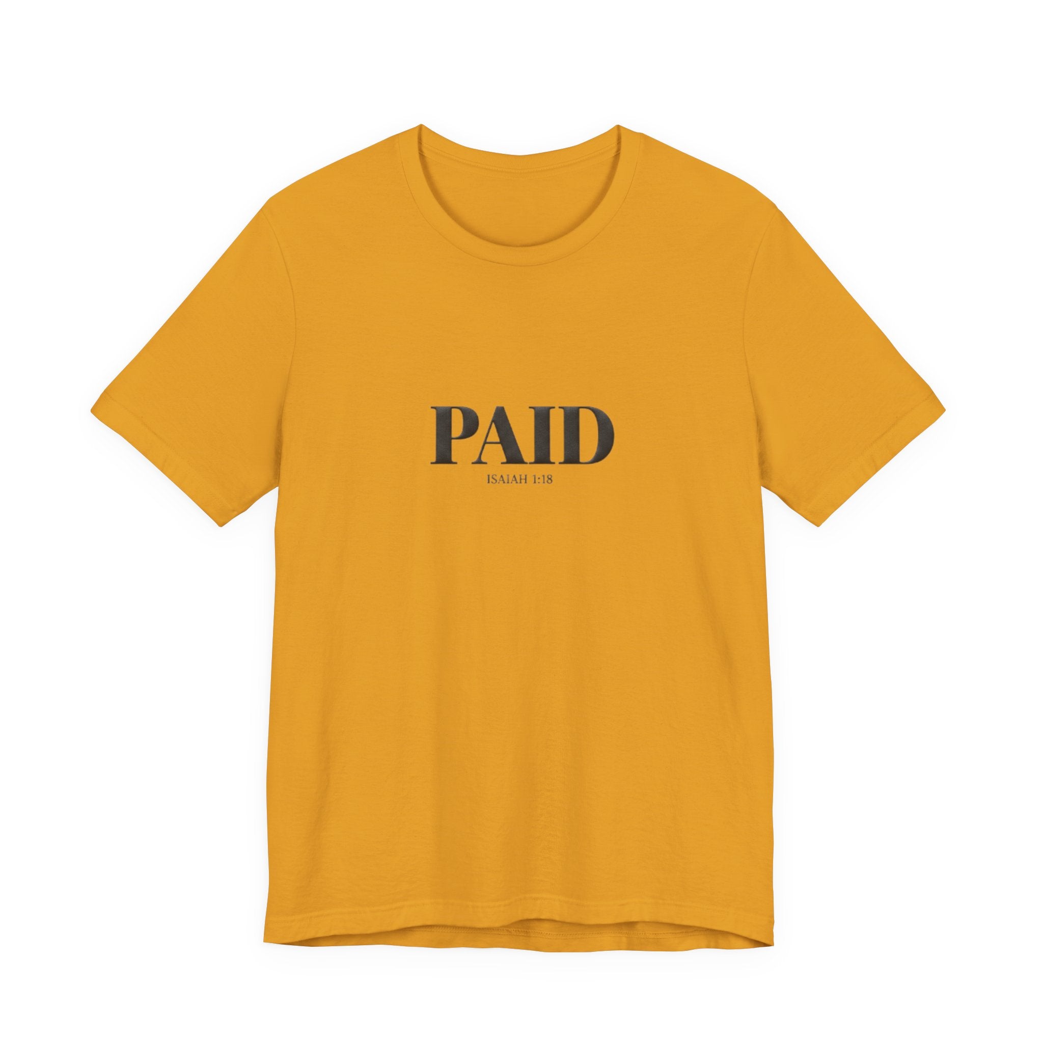 Yellow t-shirt with 'PAID' text on a white background