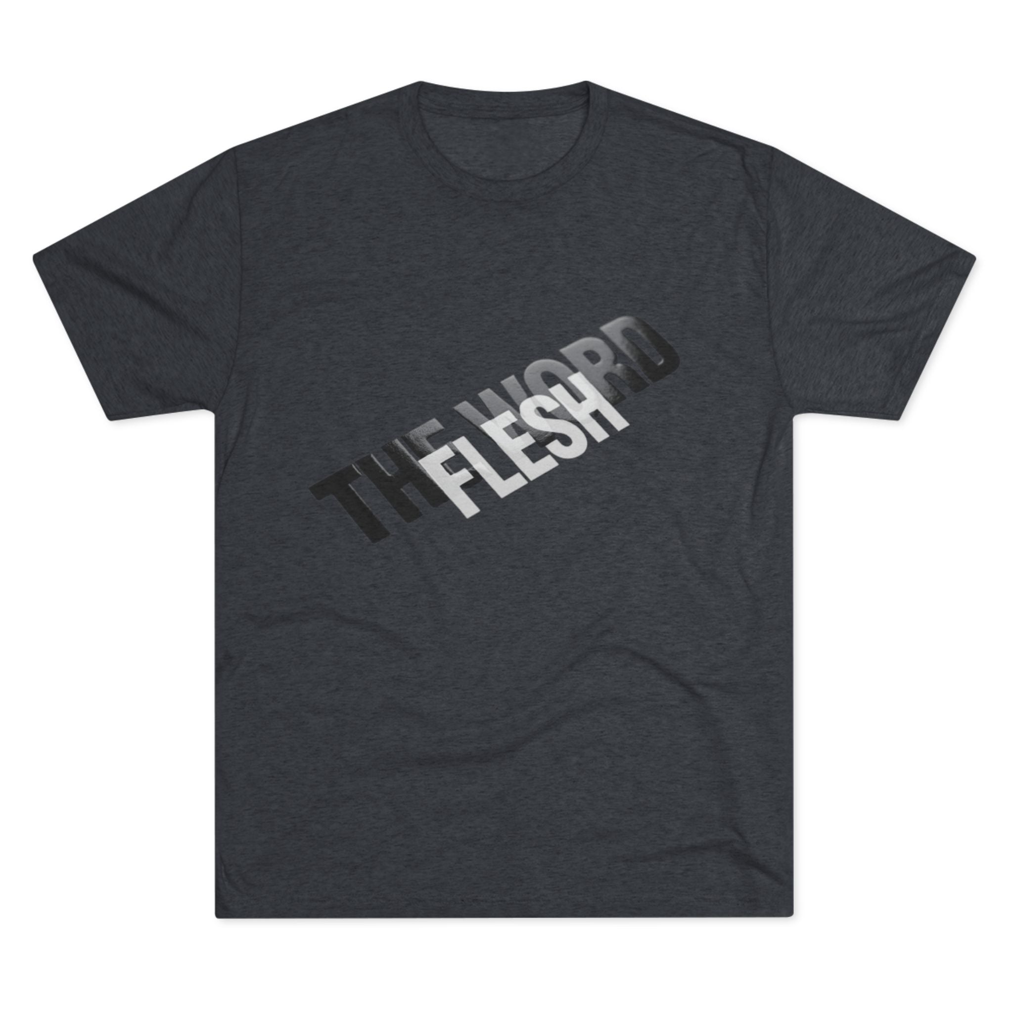 The Word Became Flesh Tee in Tri-Blend Vintage Navy — front view showing John 1:14 Incarnation scripture graphic, Christian tri-blend tee by 4HG