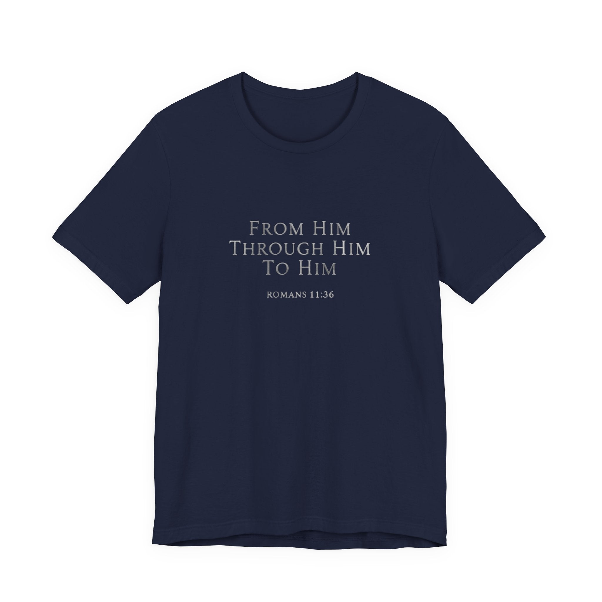 Navy blue t-shirt with white text on a white background