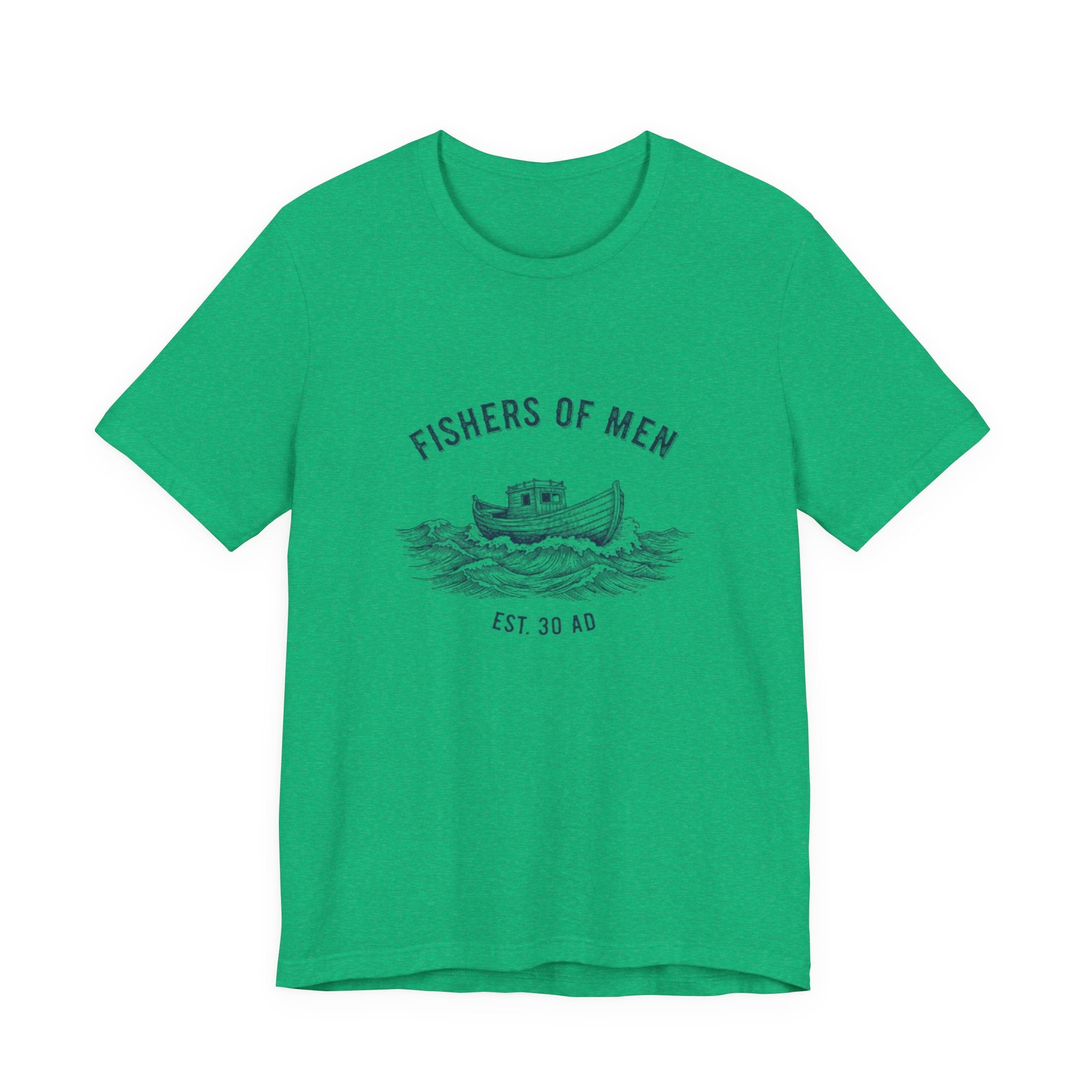 Green t-shirt with 'Fishers of Men' graphic on a white background
