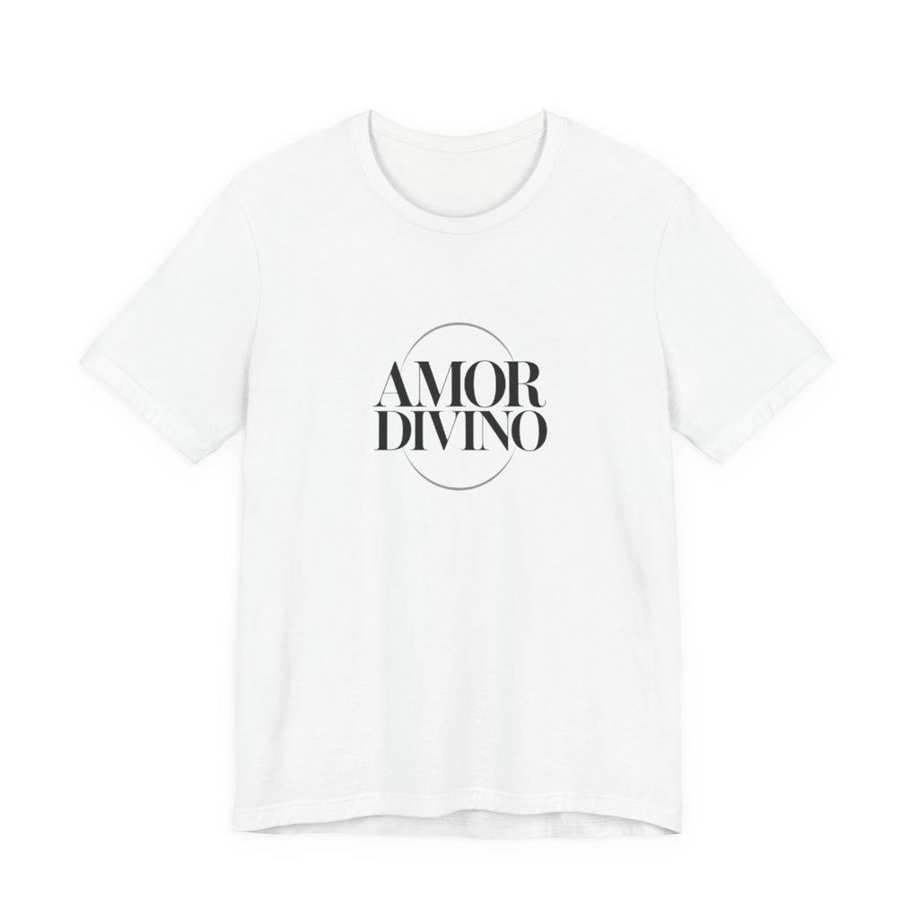 White t-shirt with 'AMOR DIVINO' text on a white background