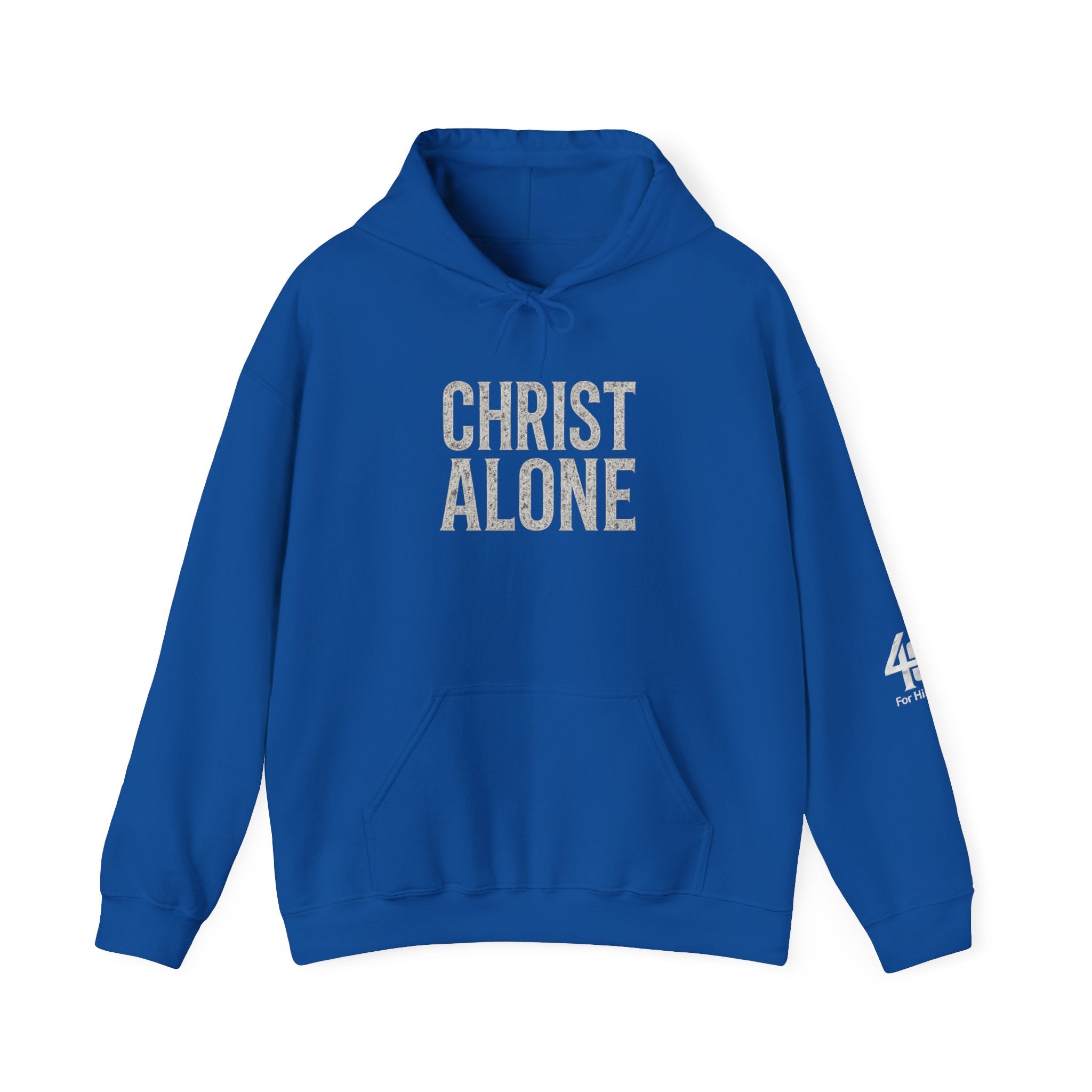 Blue hoodie with 'CHRIST ALONE' text on a white background