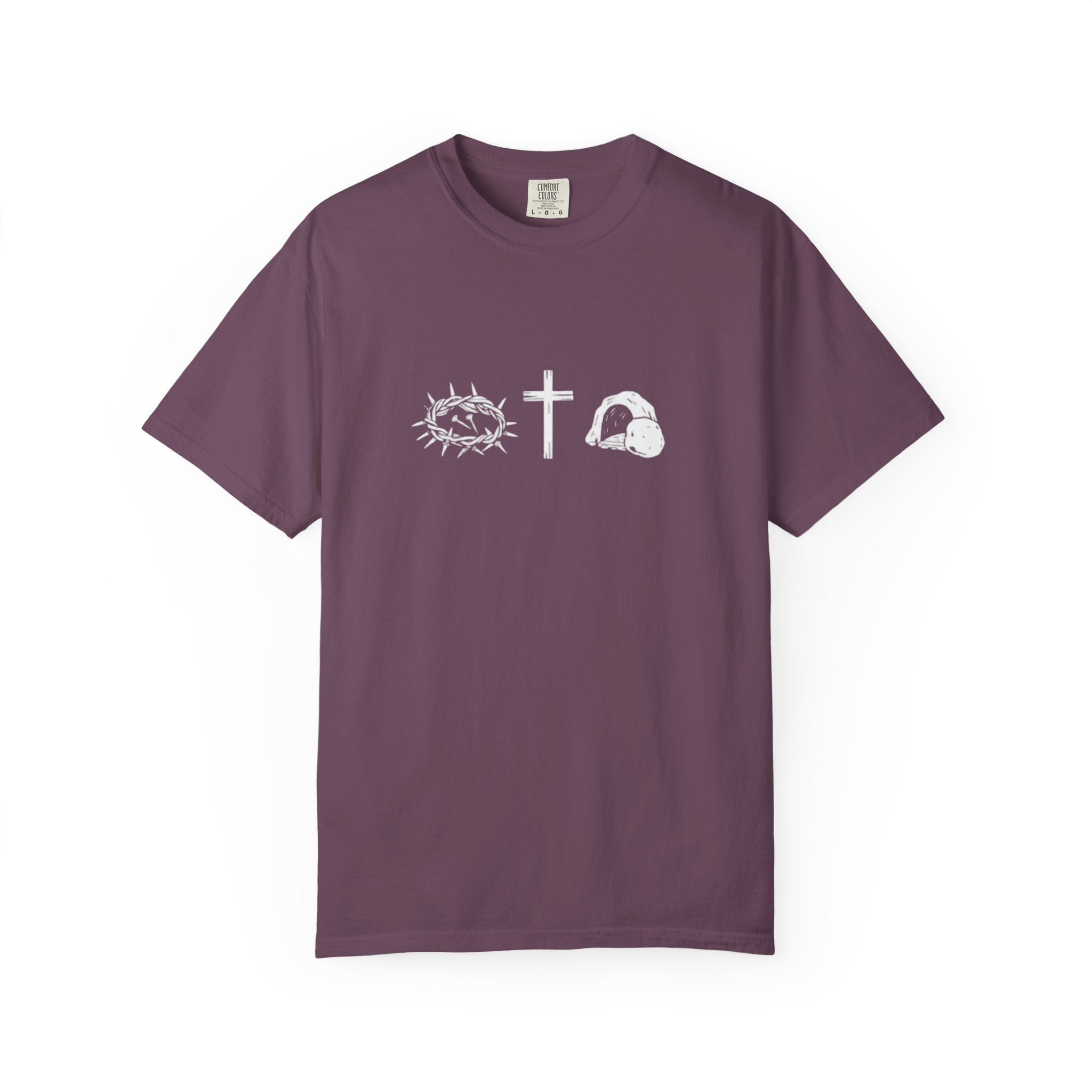 Purple t-shirt with white religious symbols on a white background