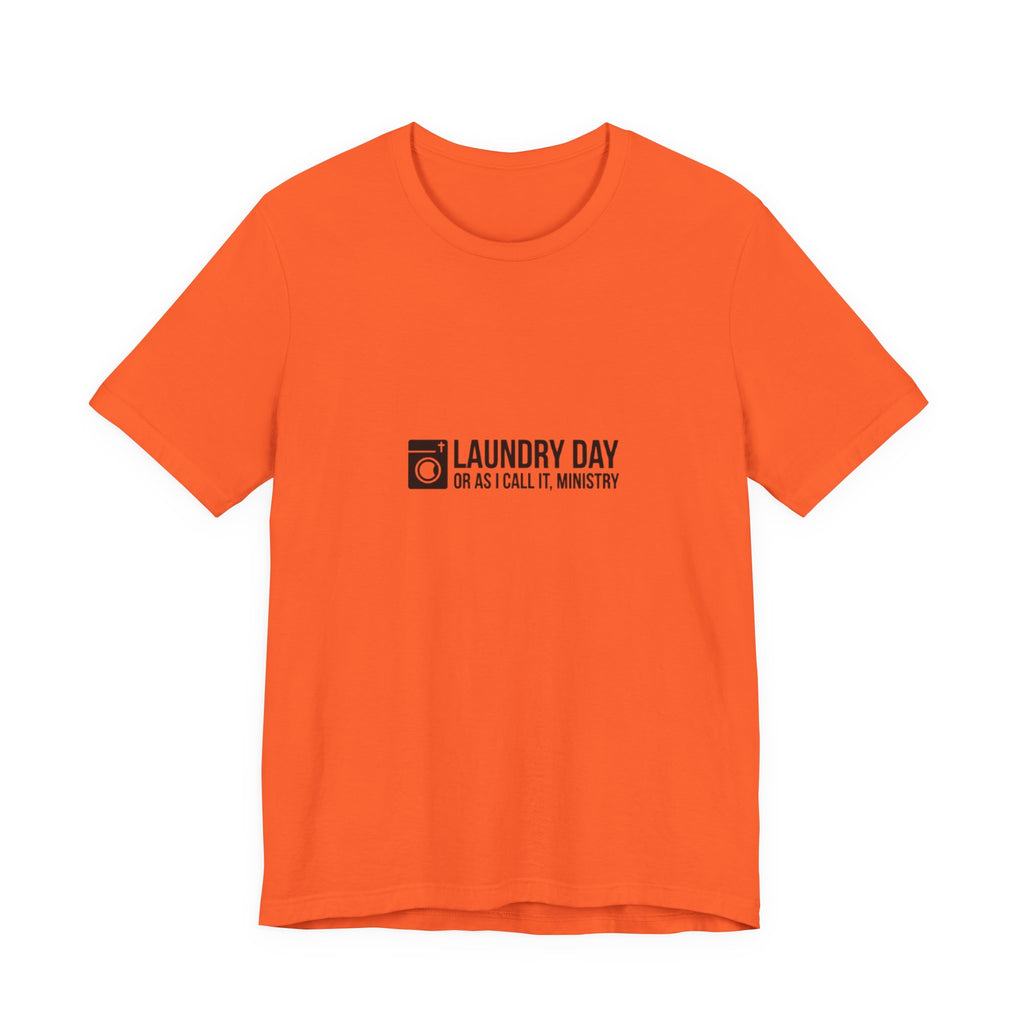 Orange t-shirt with black text on a white background