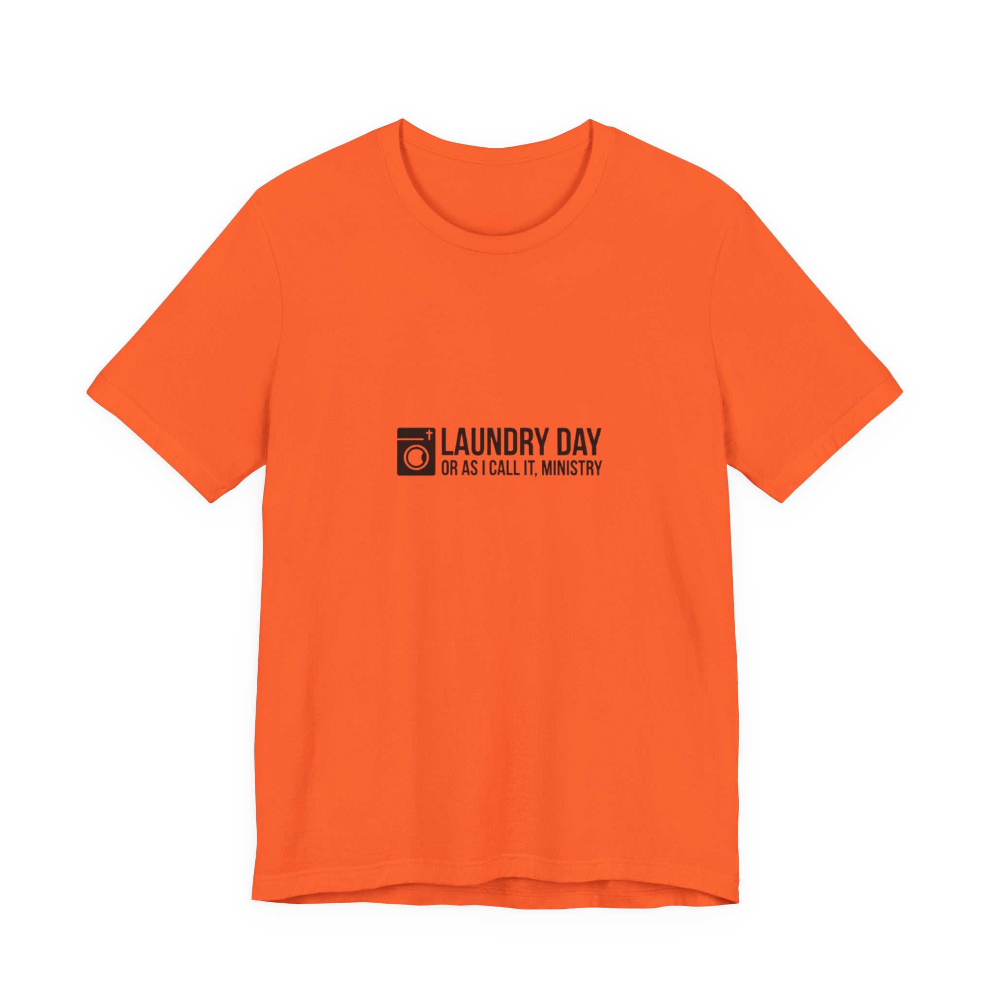 Orange t-shirt with black text on a white background