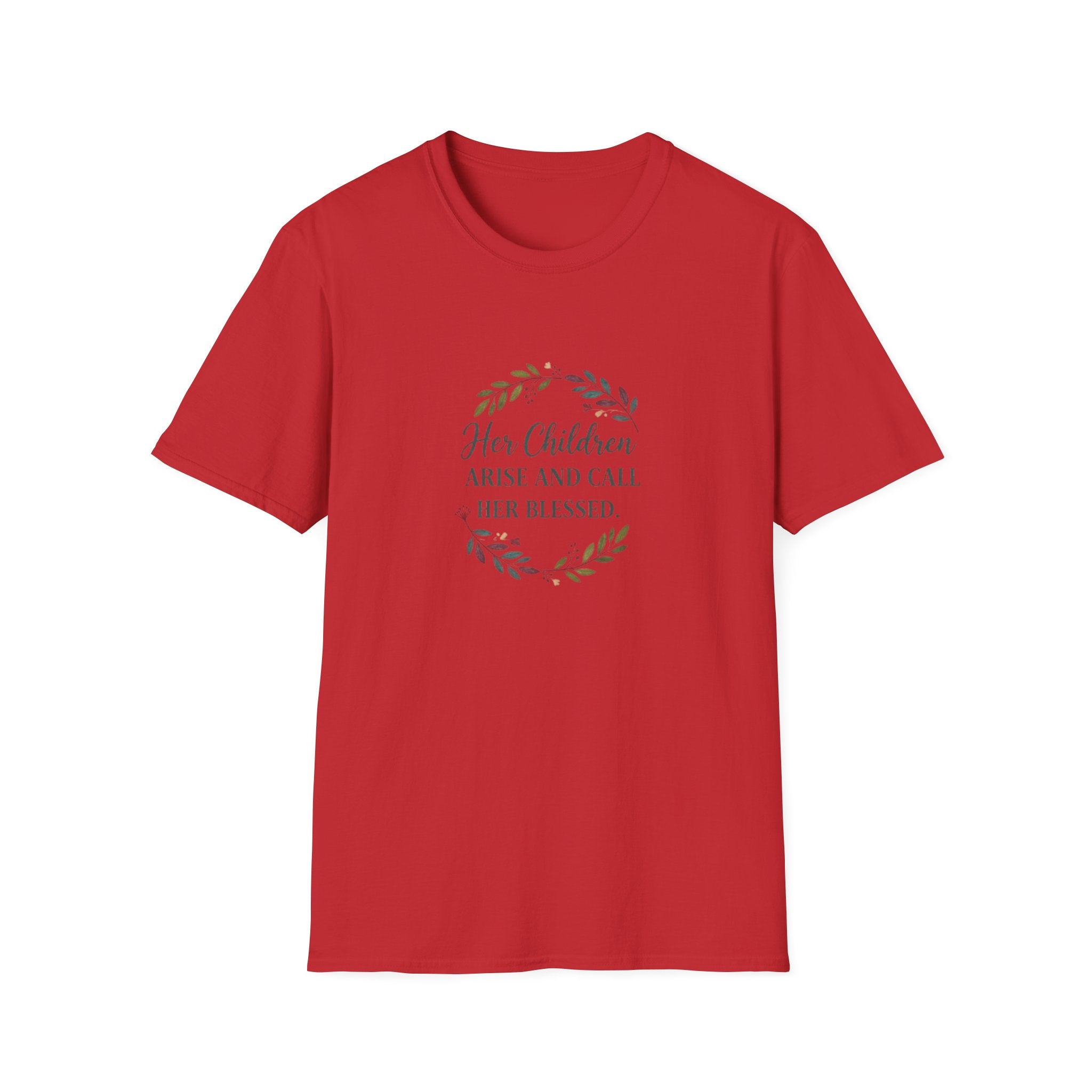 Red t-shirt with text and floral design on a white background