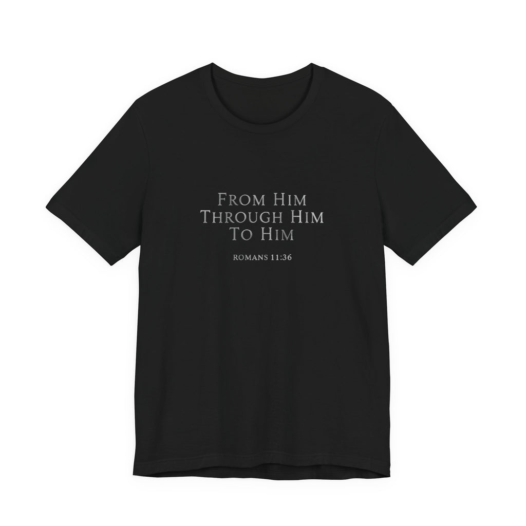Black t-shirt with white text on a white background