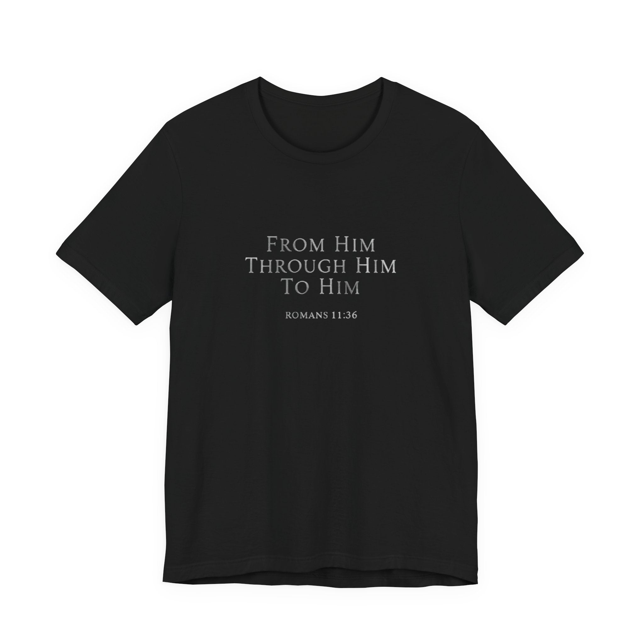 Black t-shirt with white text on a white background