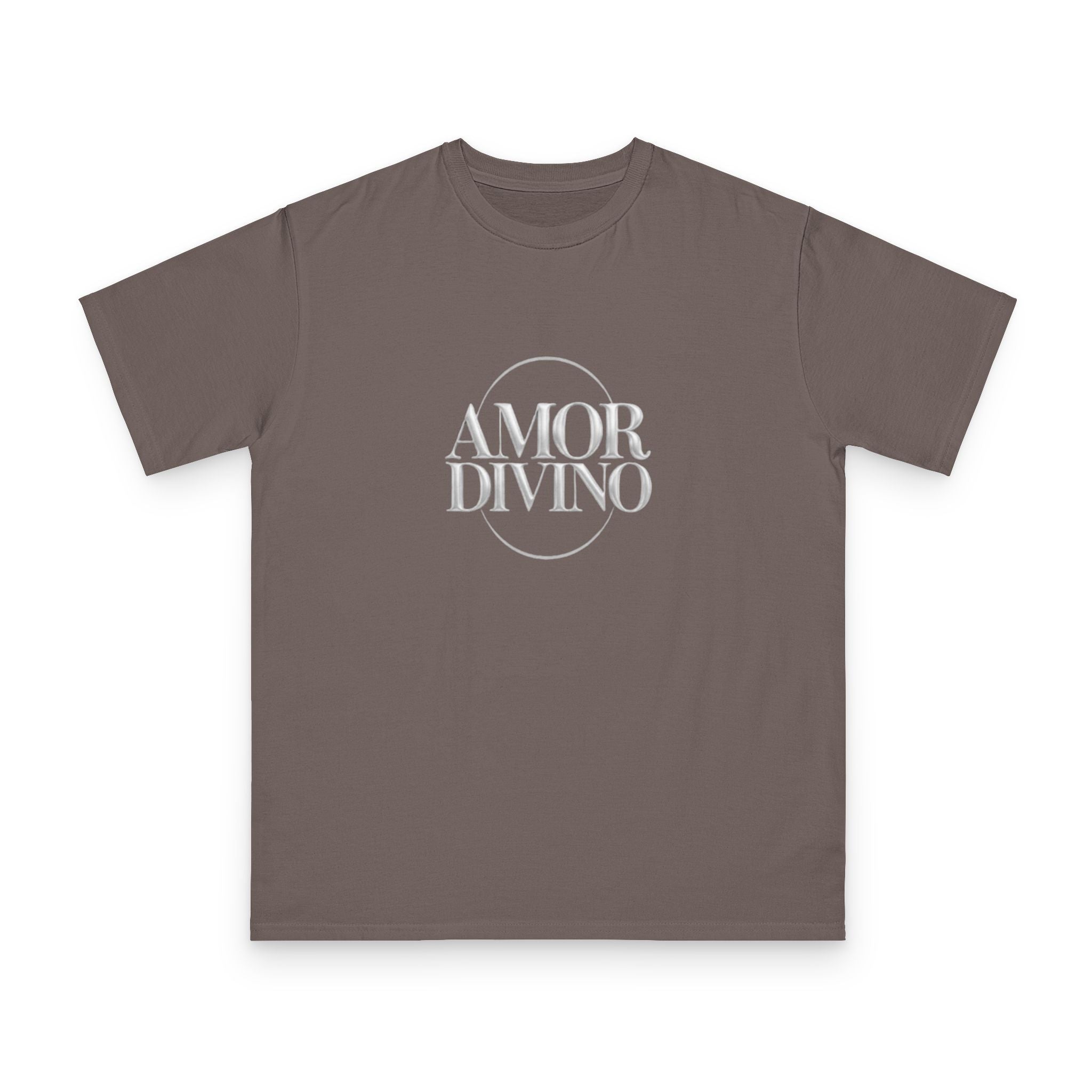 Brown t-shirt with 'AMOR DIVINO' text on a white background