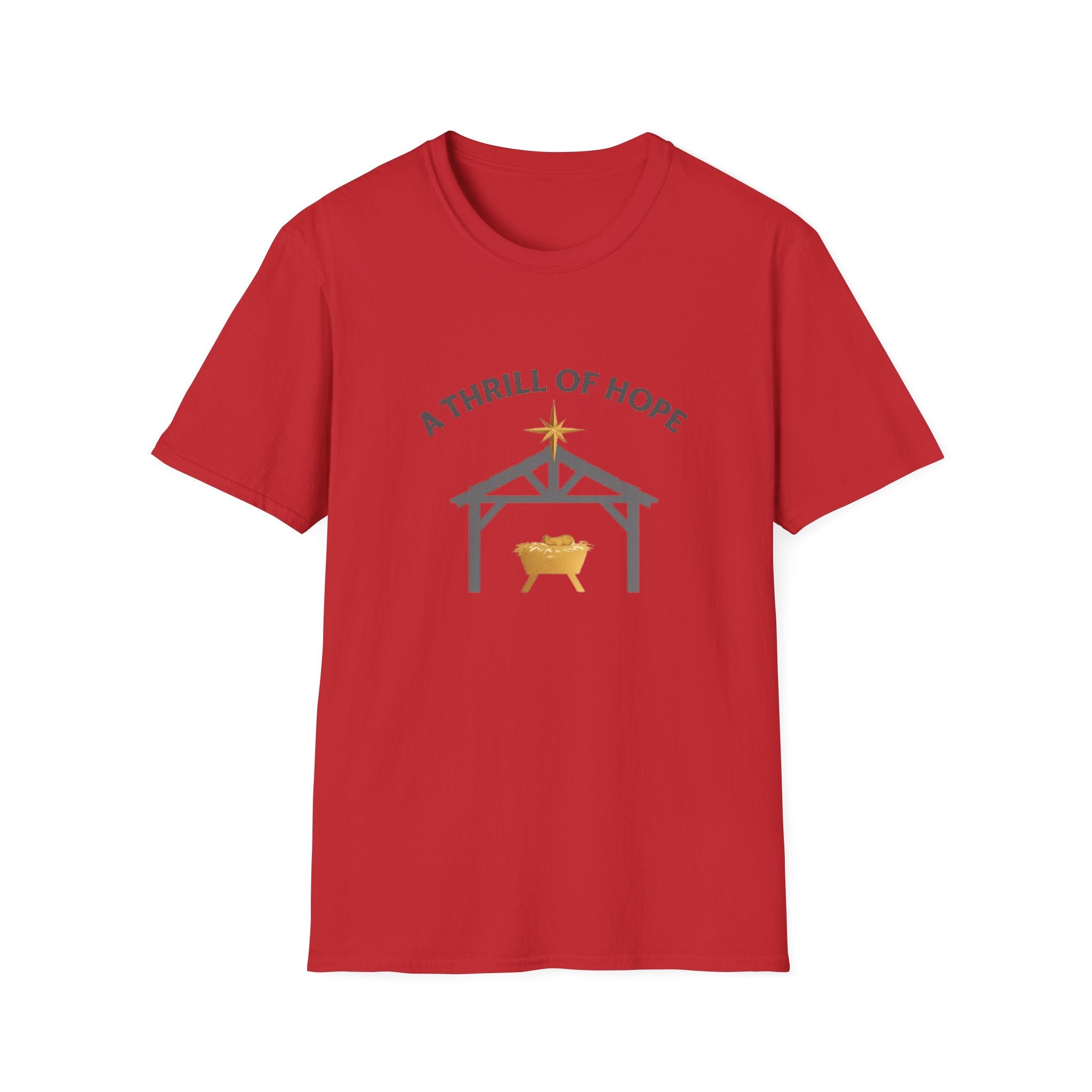 Red t-shirt with nativity scene graphic and 'A Thrill of Hope' text on a white background
