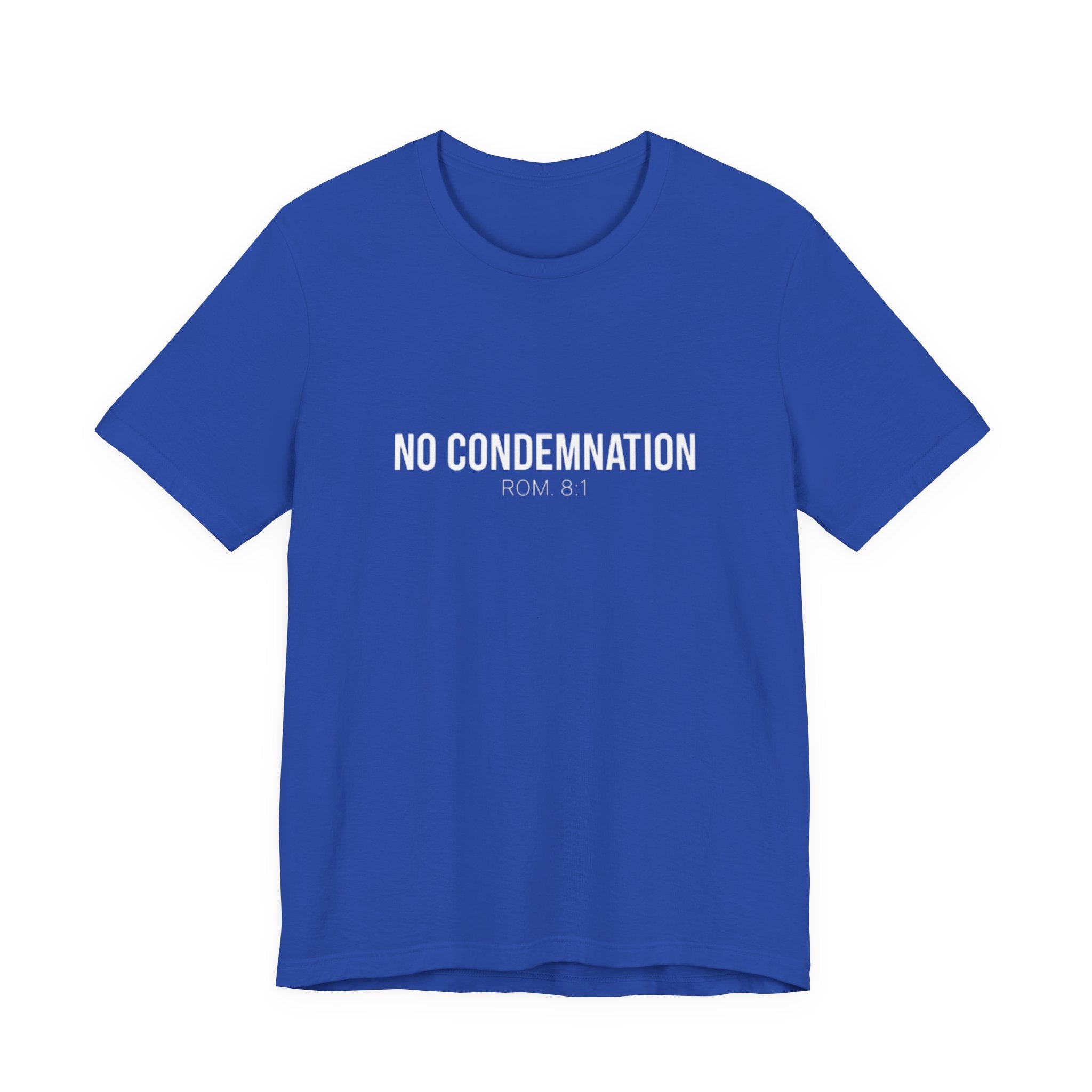 Blue t-shirt with 'NO CONDEMNATION ROM 8:1' text on a white background