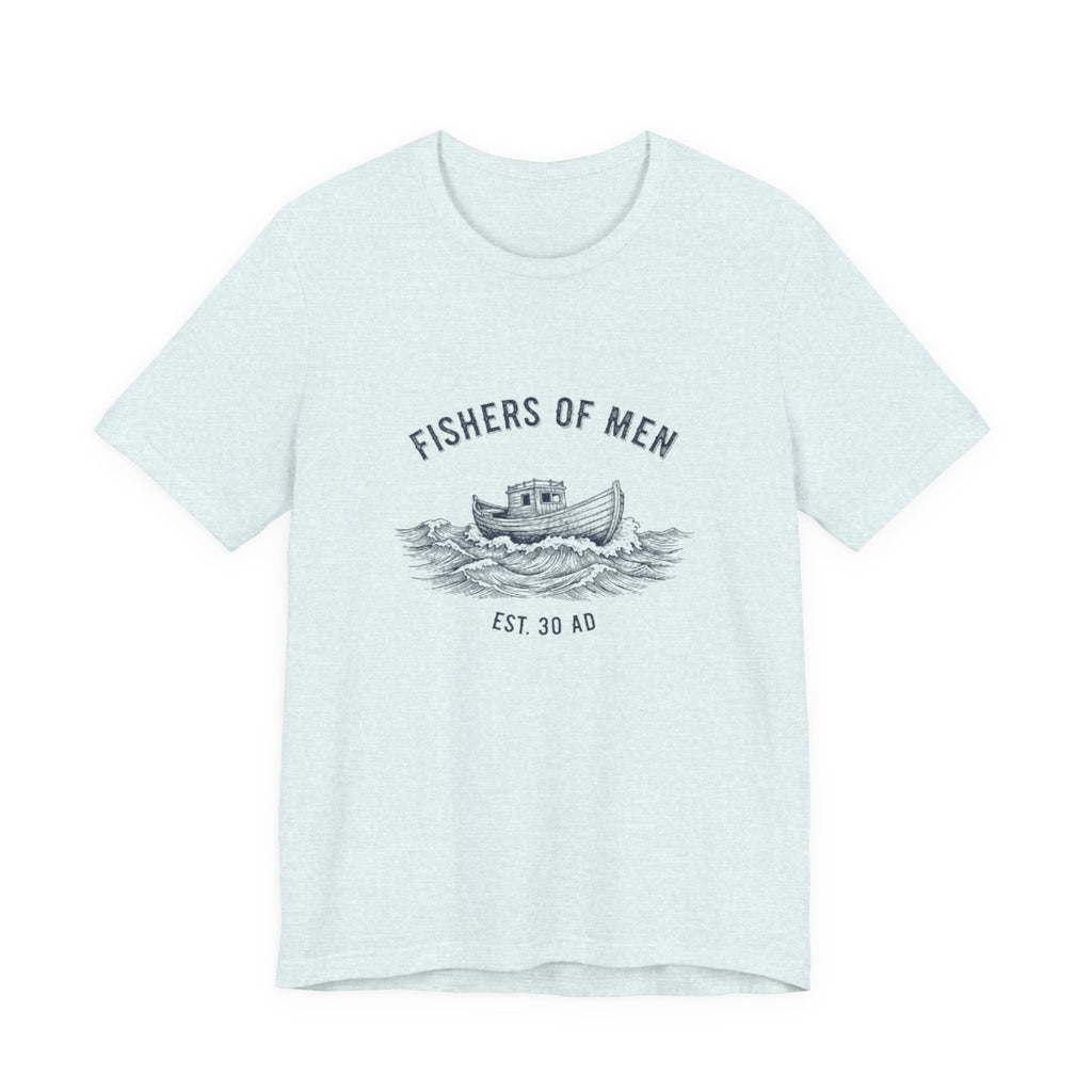 Light blue t-shirt with 'Fishers of Men' graphic design on a white background
