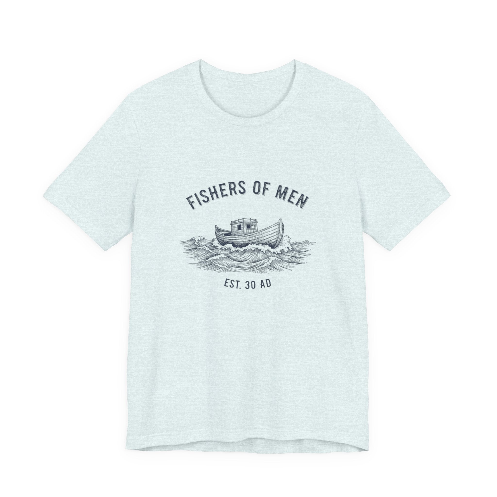 Light blue t-shirt with 'Fishers of Men' graphic design on a white background