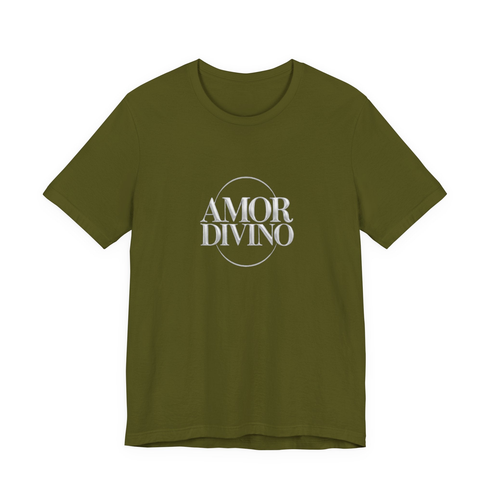 Green t-shirt with 'AMOR DIVINO' text on a white background