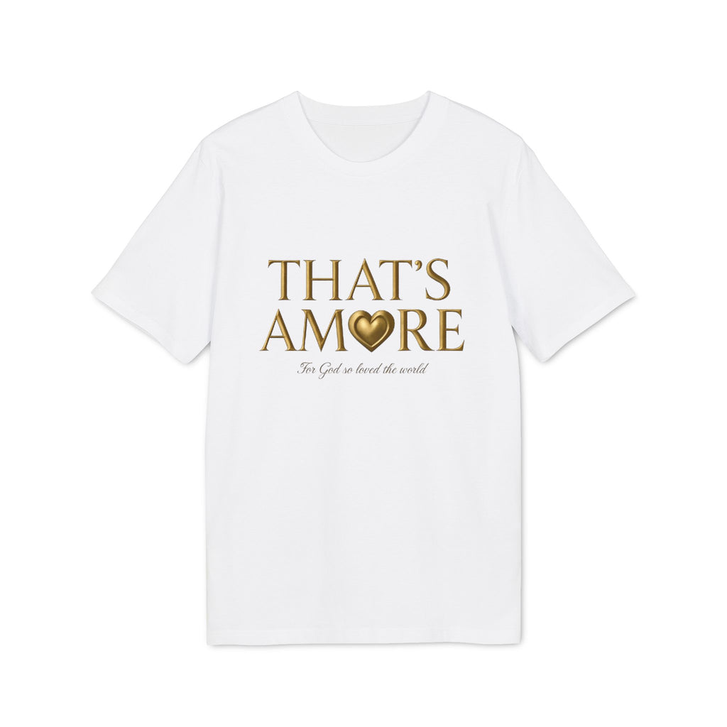White t-shirt with gold text 'THAT'S AMORE' on a white background