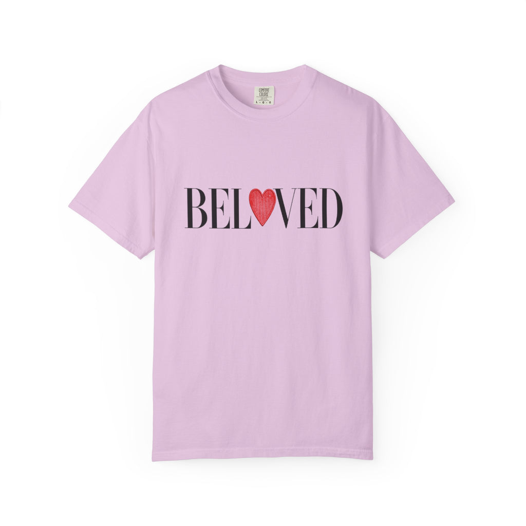 Light purple t-shirt with 'BELoved' text and heart graphic on a white background
