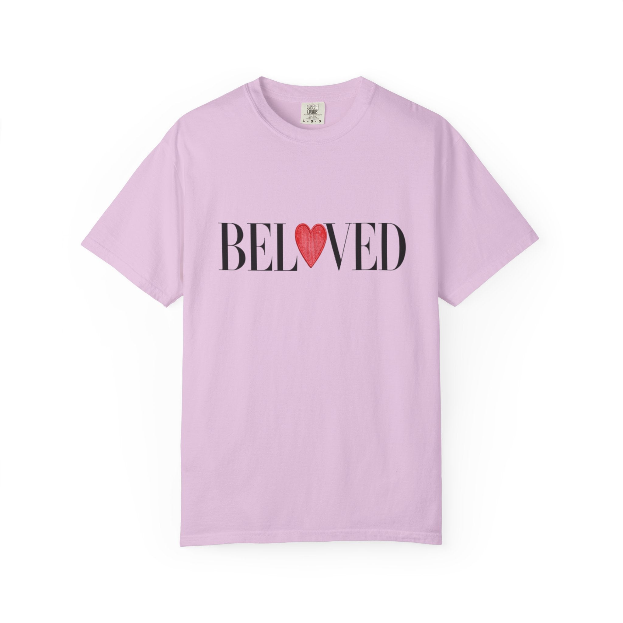 Light purple t-shirt with 'BELoved' text and heart graphic on a white background