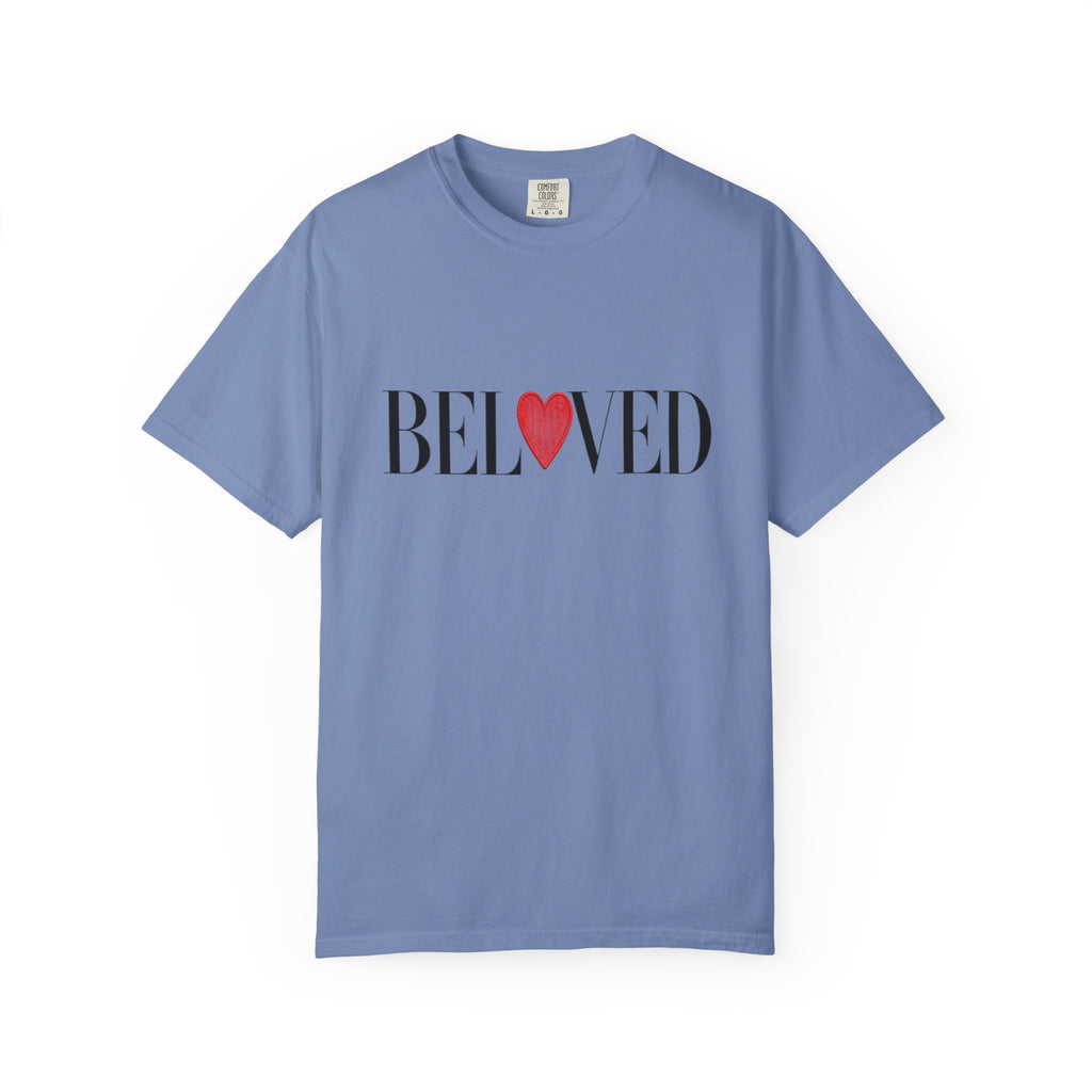 Blue t-shirt with 'BELoved' text and red heart on a white background