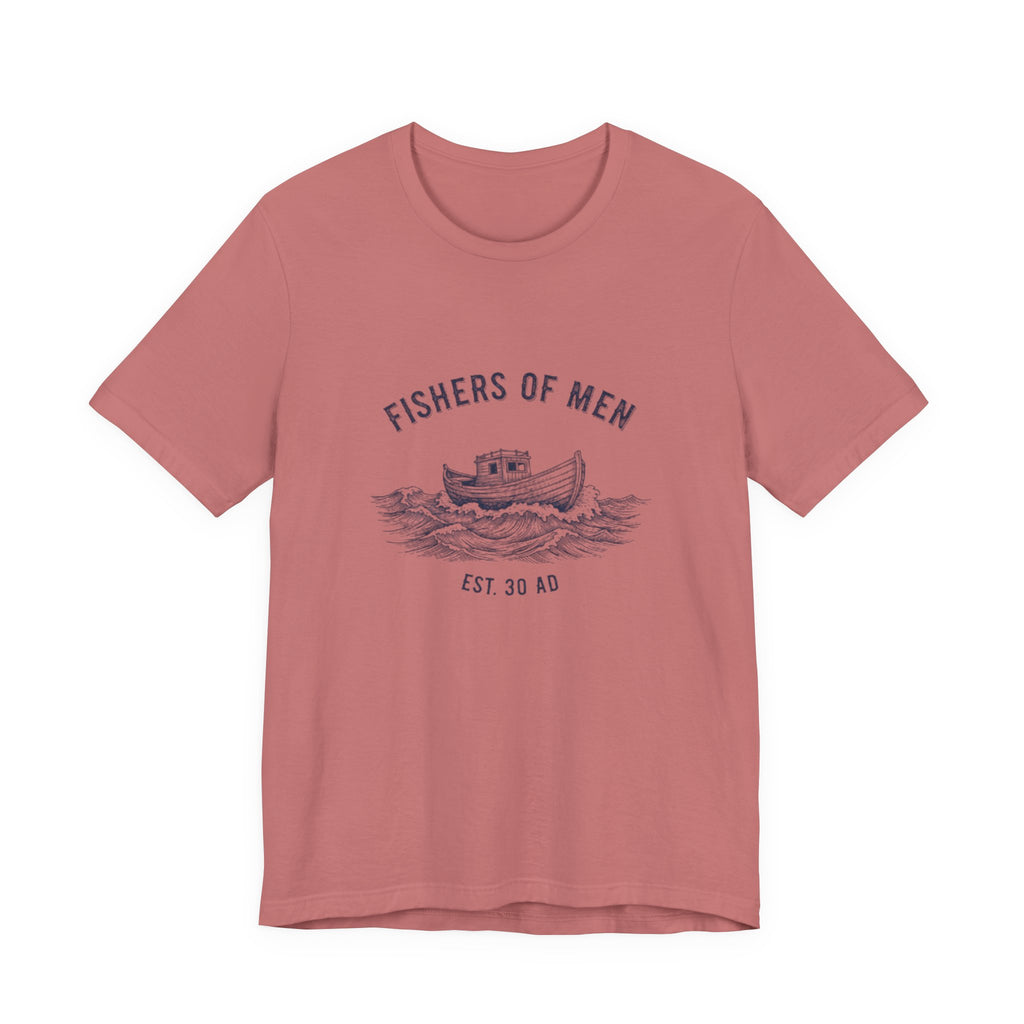 Pink t-shirt with 'Fishers of Men' graphic on a white background
