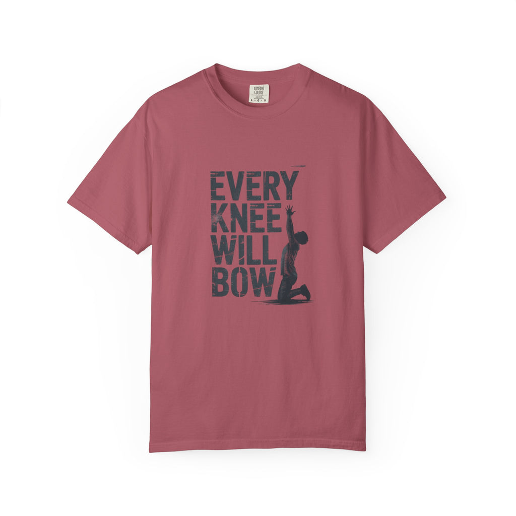 Maroon t-shirt with 'Every Knee Will Bow' text and graphic on a white background