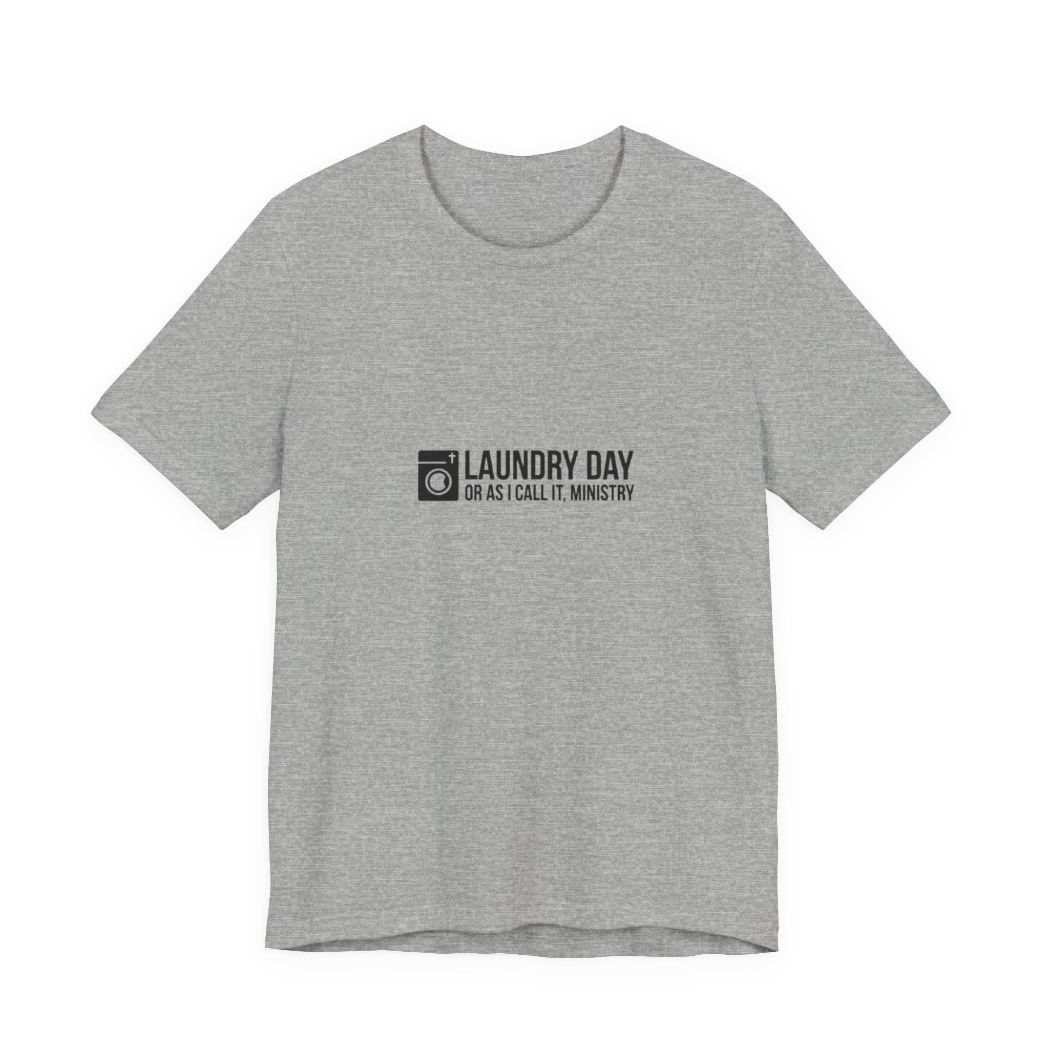 Gray t-shirt with black text and logo on a white background
