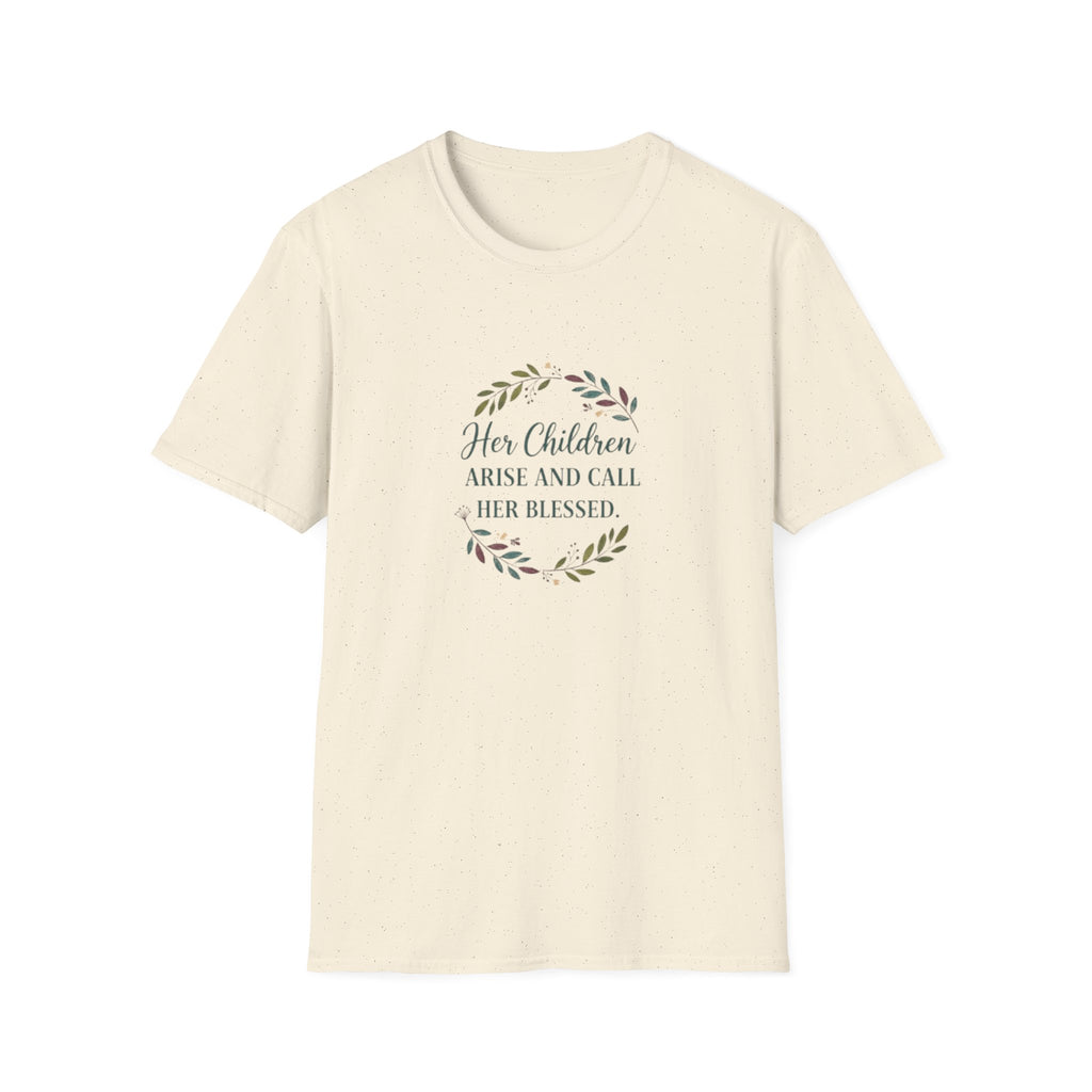 Beige t-shirt with text and leaf design on a white background