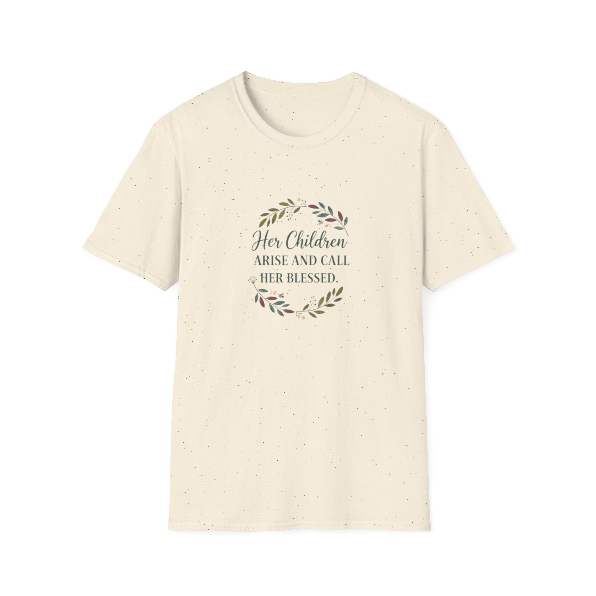 Beige t-shirt with text and leaf design on a white background