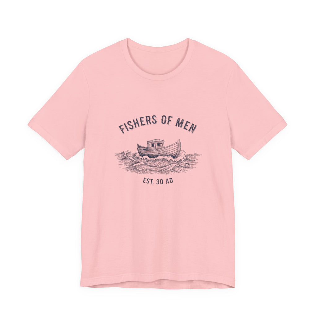 Pink t-shirt with 'Fishers of Men' graphic design on a white background