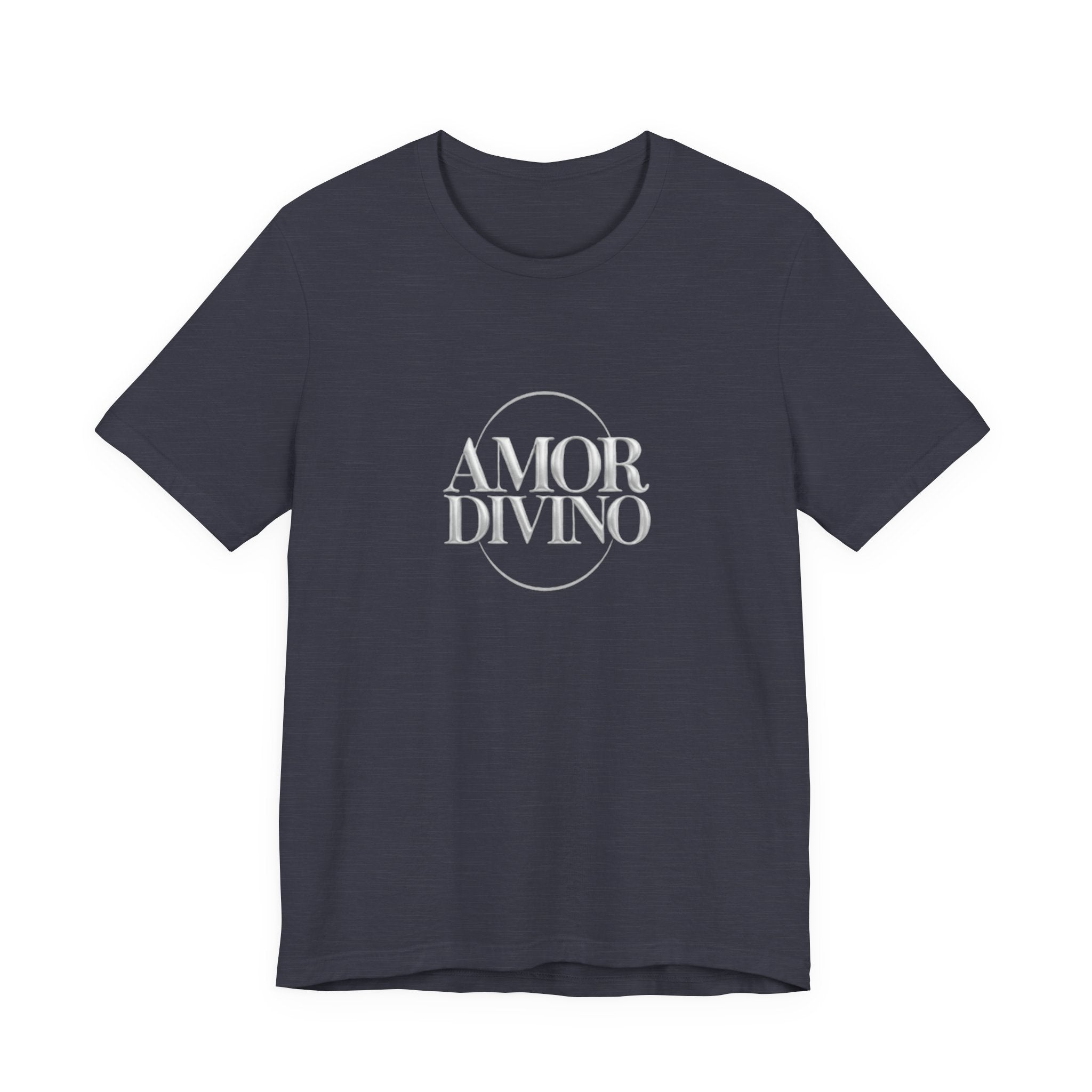 Navy blue t-shirt with 'AMOR DIVINO' text on a white background