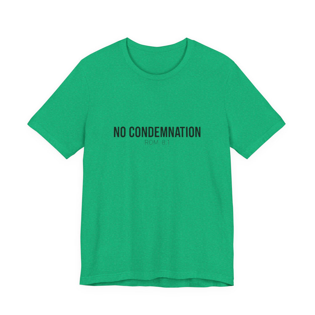 Green t-shirt with 'NO CONDEMNATION' text on a white background