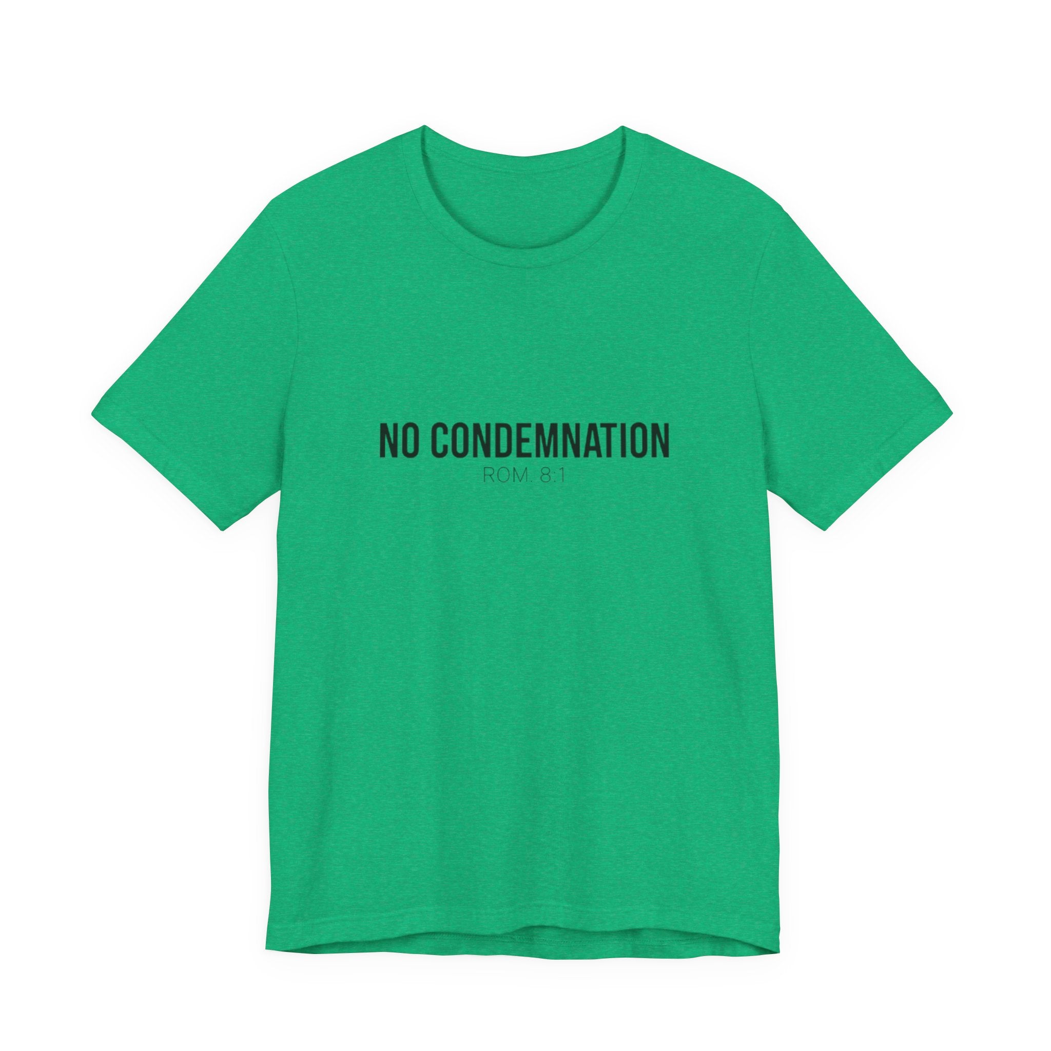 Green t-shirt with 'NO CONDEMNATION' text on a white background