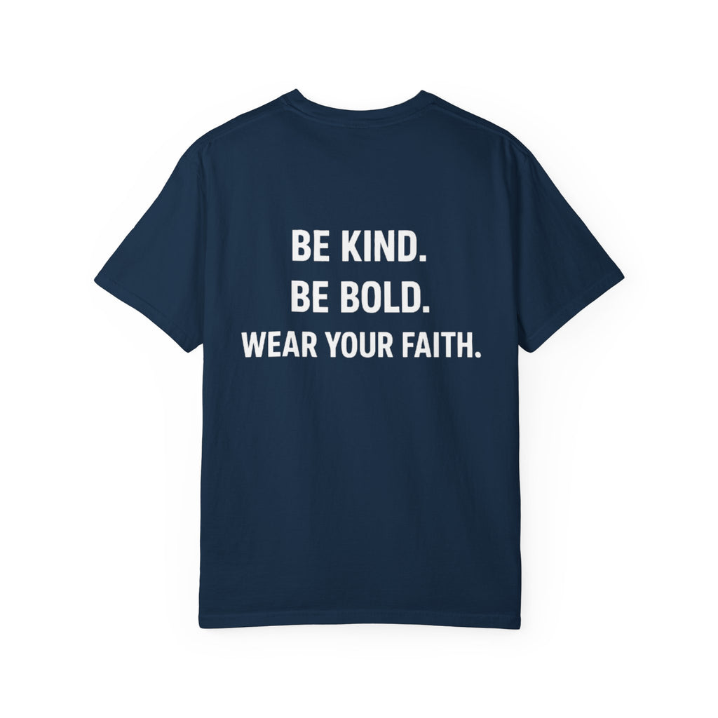 Navy blue t-shirt with motivational text on a white background