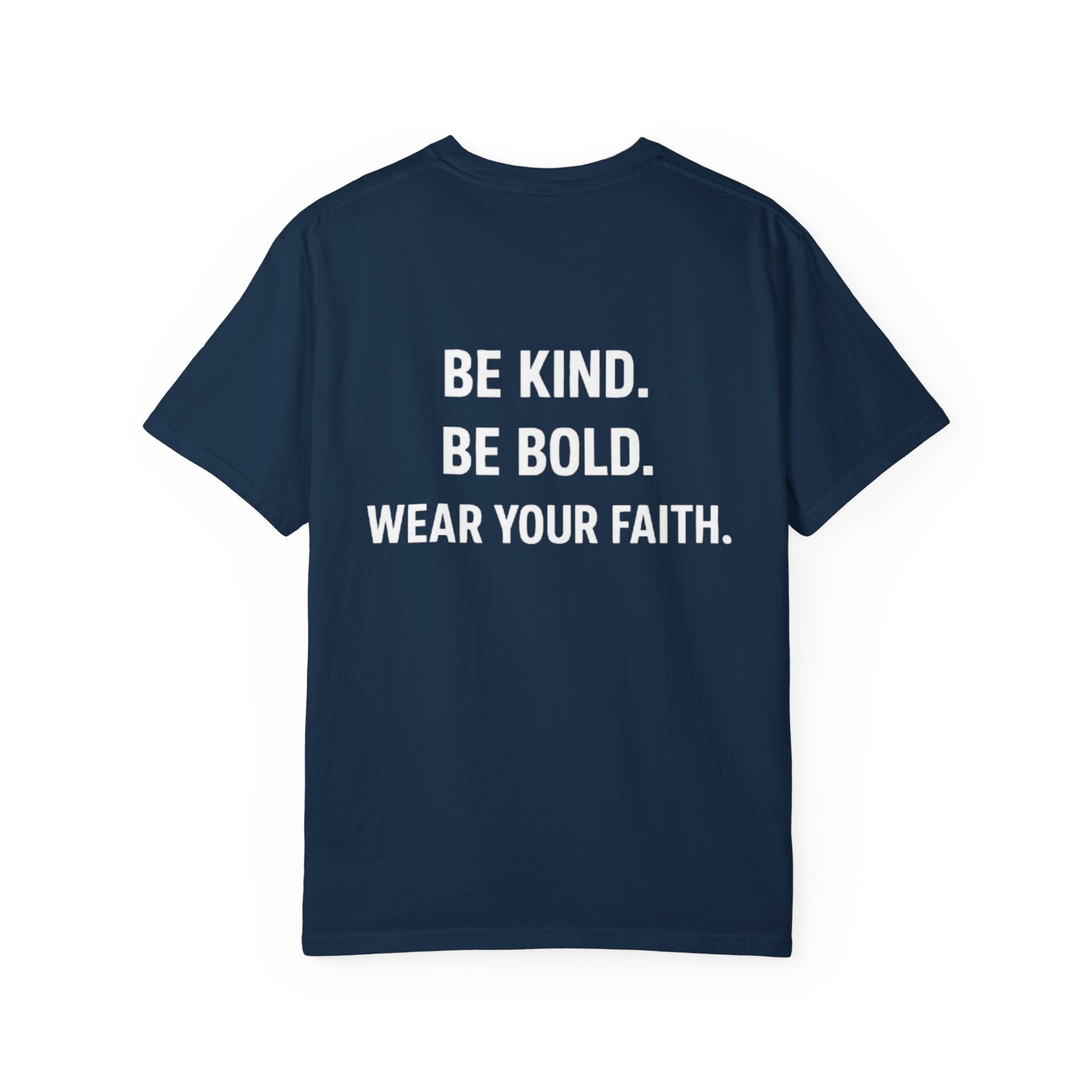 Navy blue t-shirt with motivational text on a white background