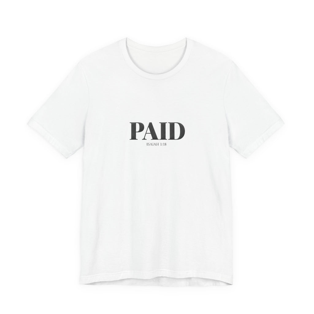 White t-shirt with 'PAID' text on a white background