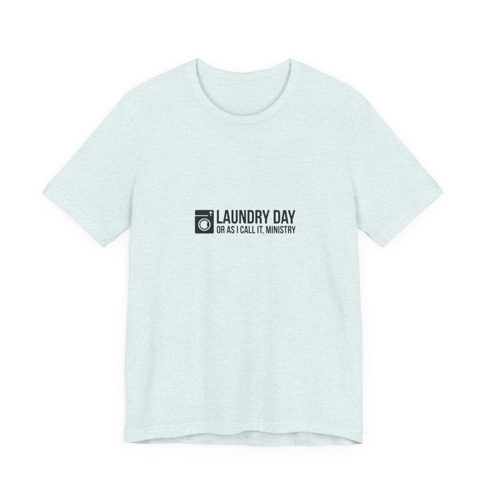 Light blue t-shirt with black text on a white background