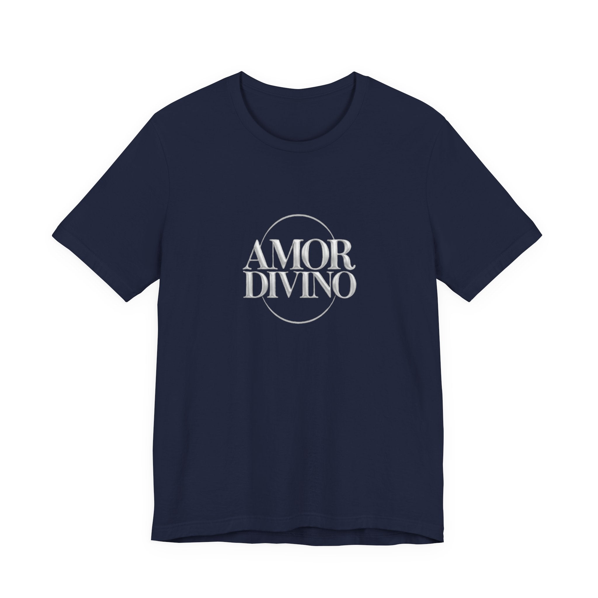 Navy blue t-shirt with 'AMOR DIVINO' text on a white background