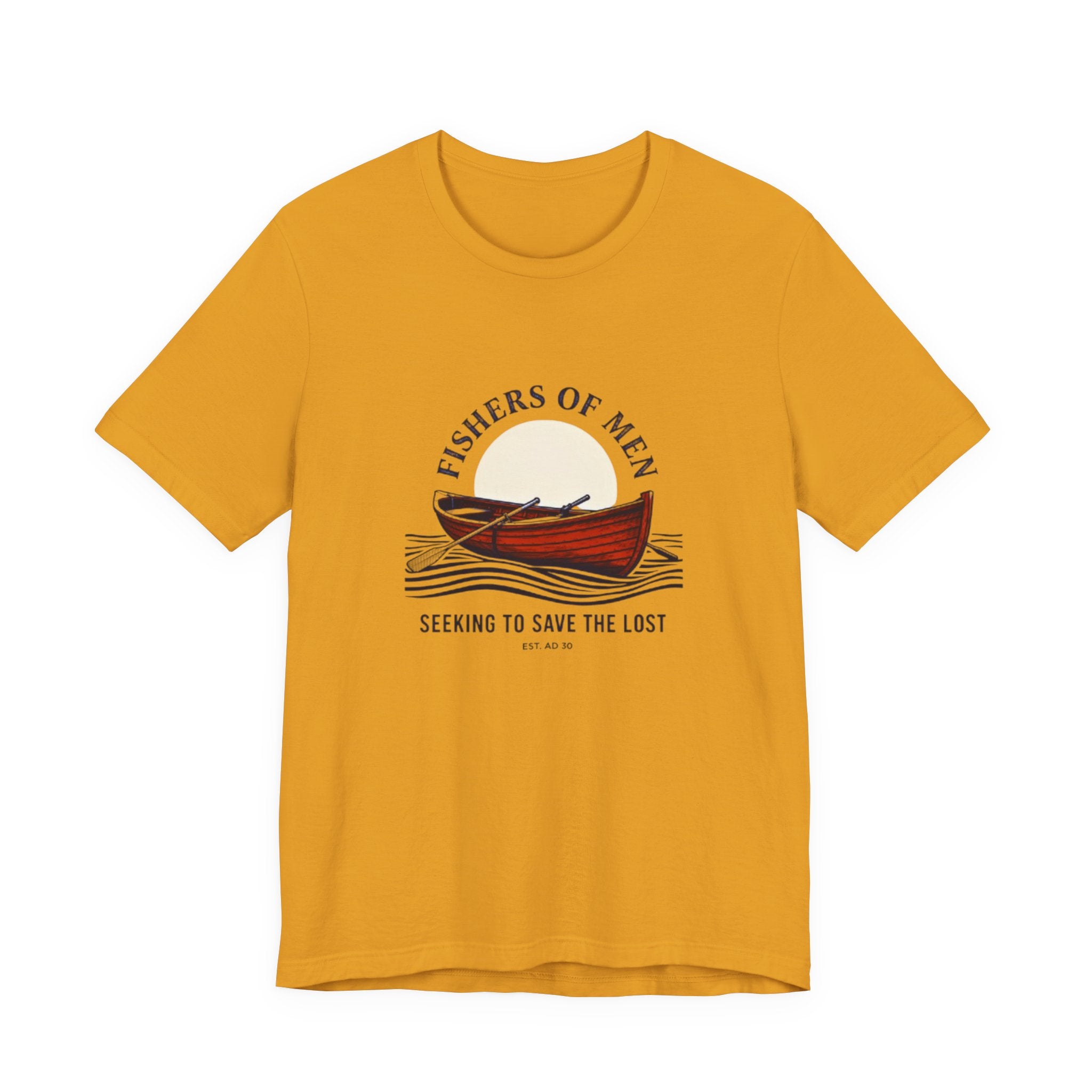 Yellow t-shirt with a graphic of a boat and text on a white background