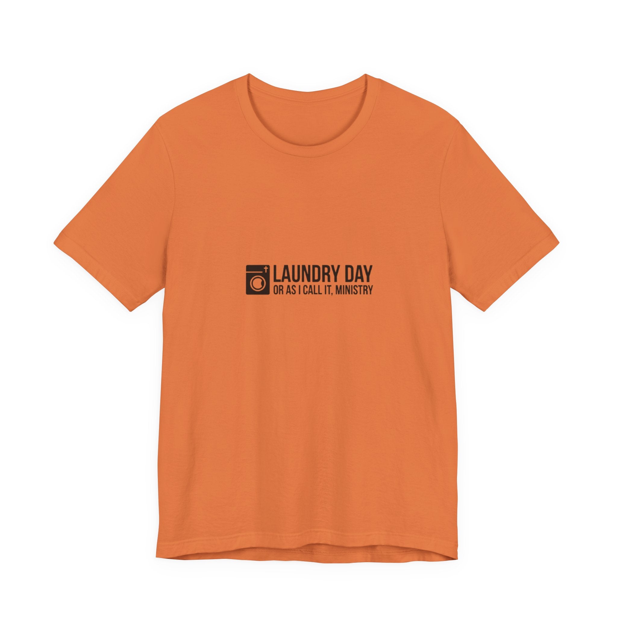 Orange t-shirt with black text on a white background