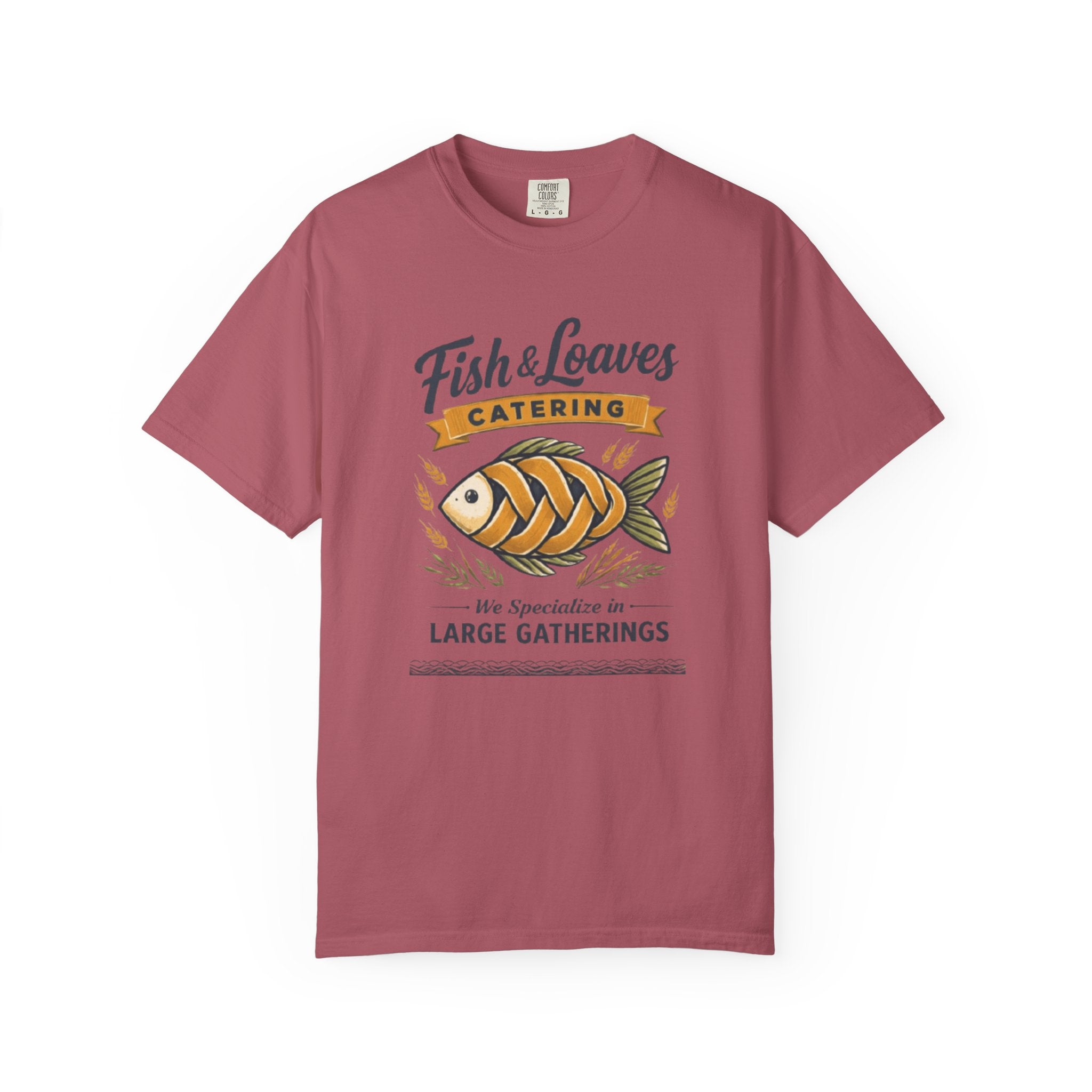 Fish & Loaves Catering T-Shirt — "We Specialize in Large Gatherings" Vintage Fish Design