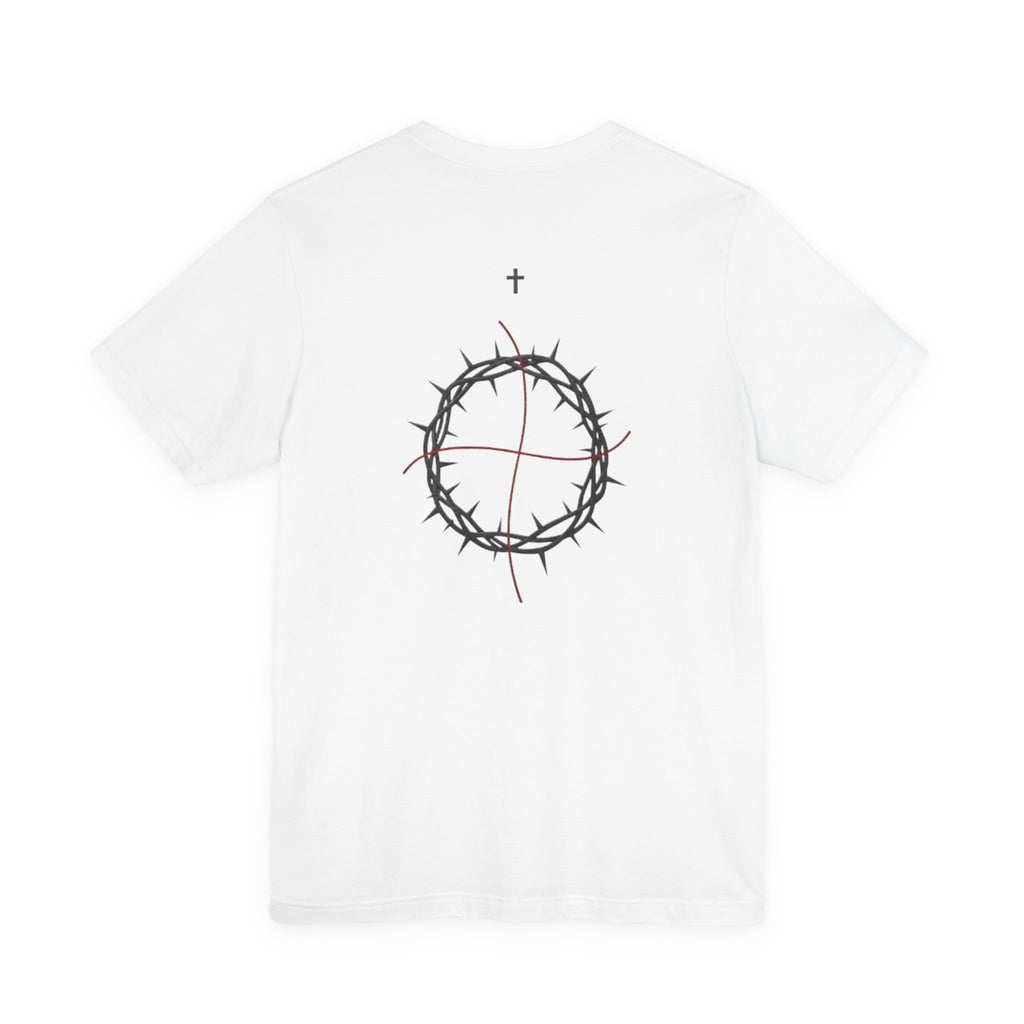 White t-shirt with a design of thorns and a cross on a white background