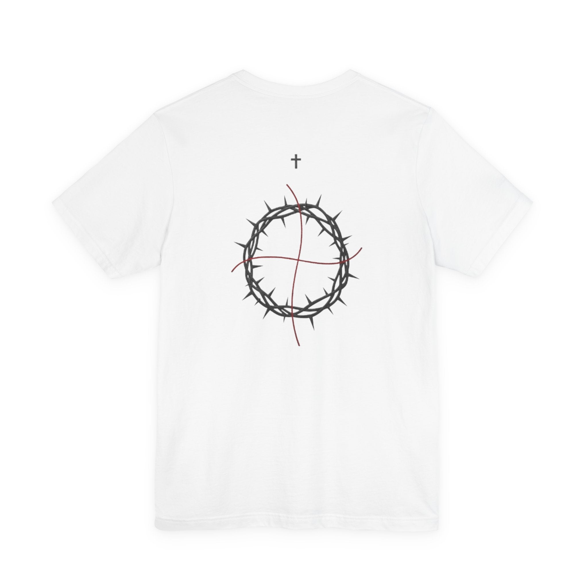 White t-shirt with a design of thorns and a cross on a white background