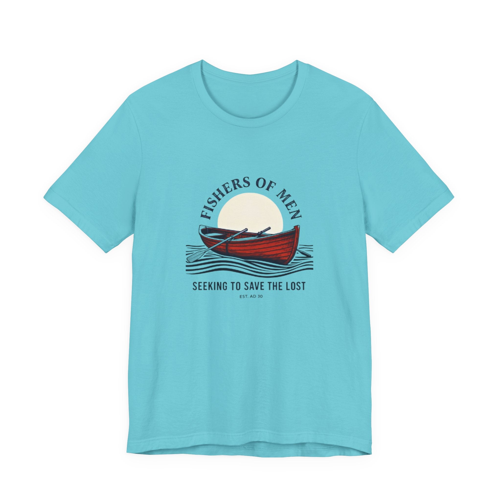 Light blue t-shirt with a graphic of a red canoe and text on a white background