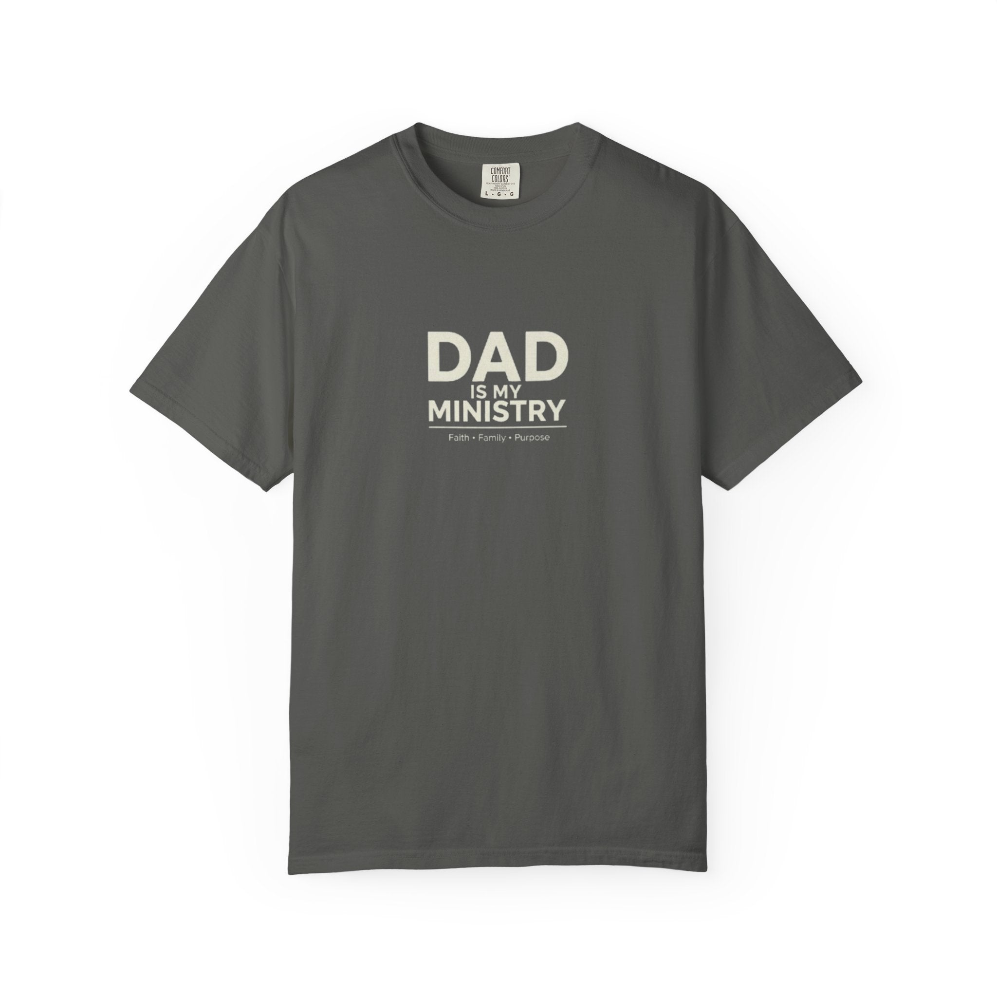 Gray t-shirt with 'DAD is my ministry' text on a white background