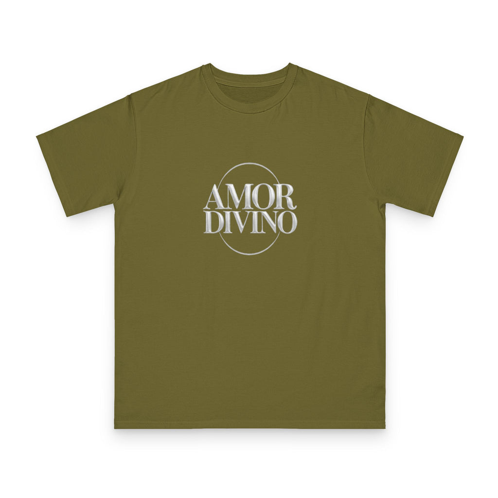 Green t-shirt with 'AMOR DIVINO' text on a white background