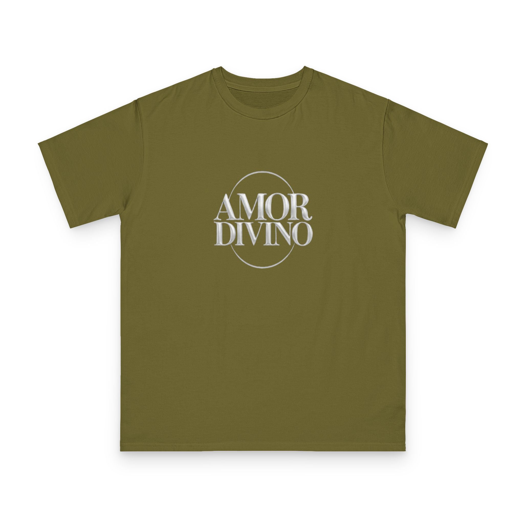 Green t-shirt with 'AMOR DIVINO' text on a white background
