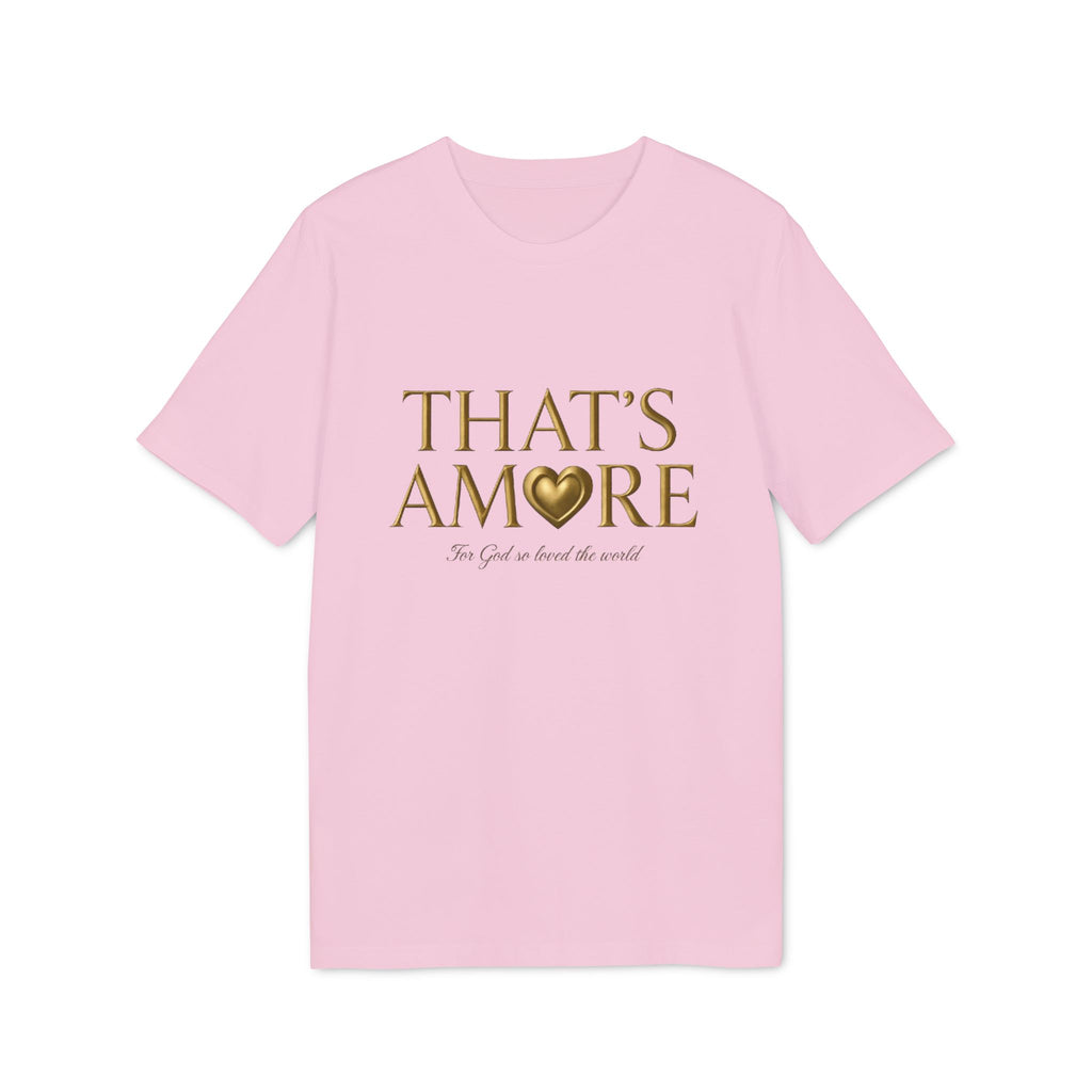 Pink t-shirt with gold text and heart graphic on a white background