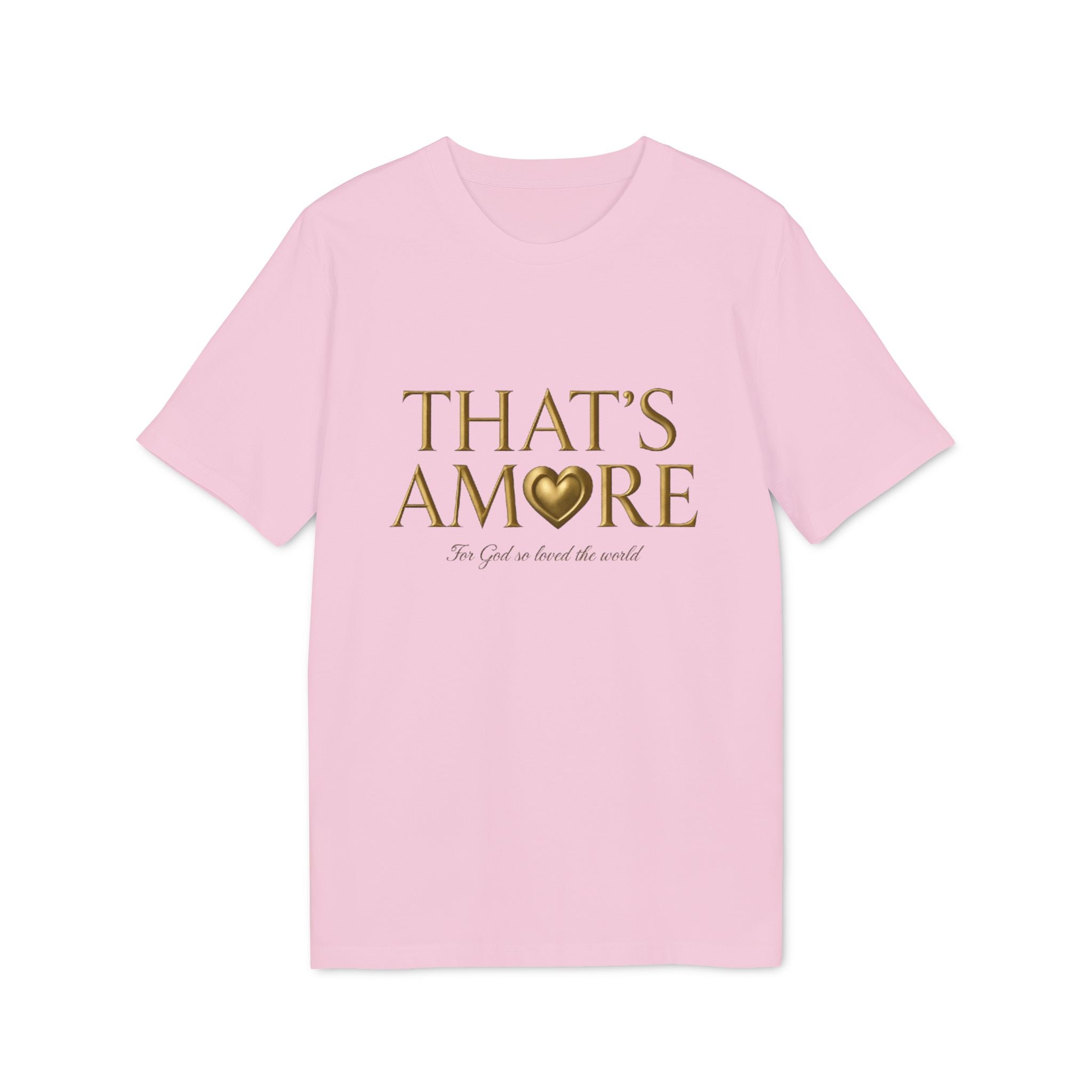 Pink t-shirt with gold text and heart graphic on a white background