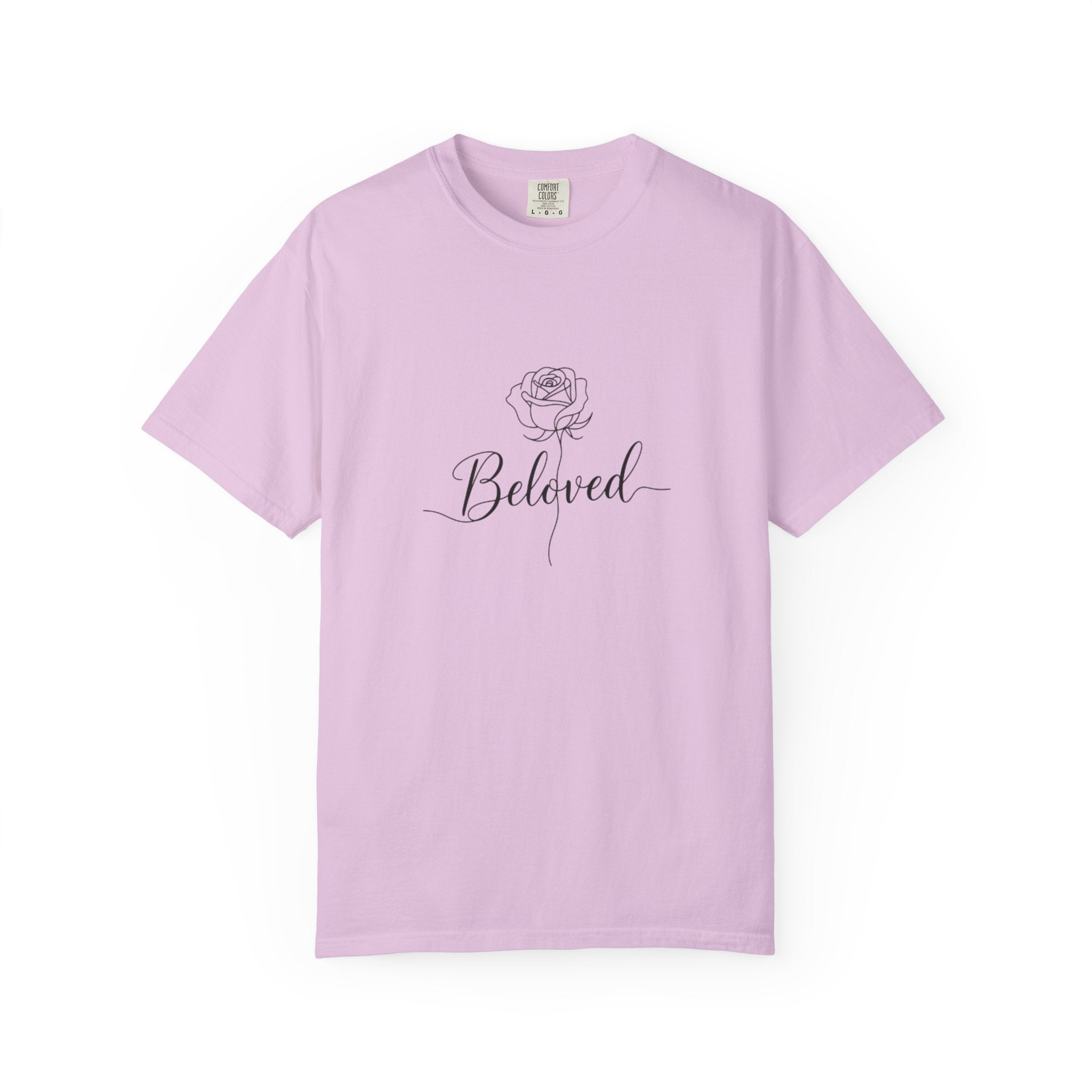 Light purple t-shirt with a rose and 'Beloved' text on a white background