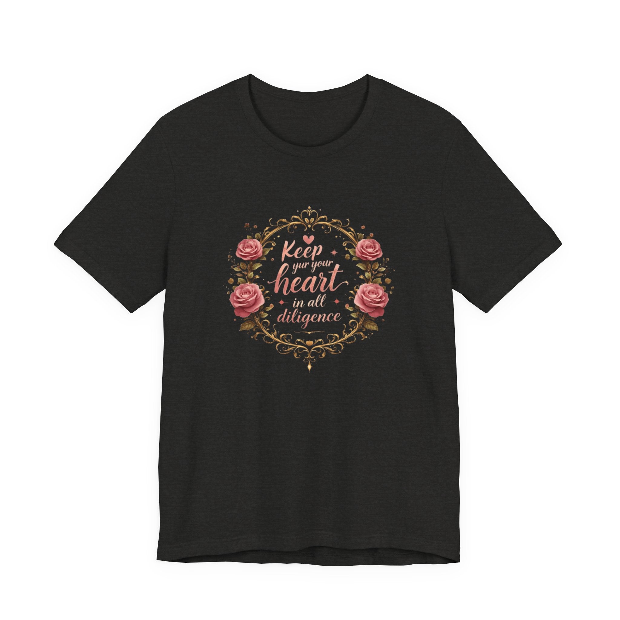 Black t-shirt with floral design and text on a white background